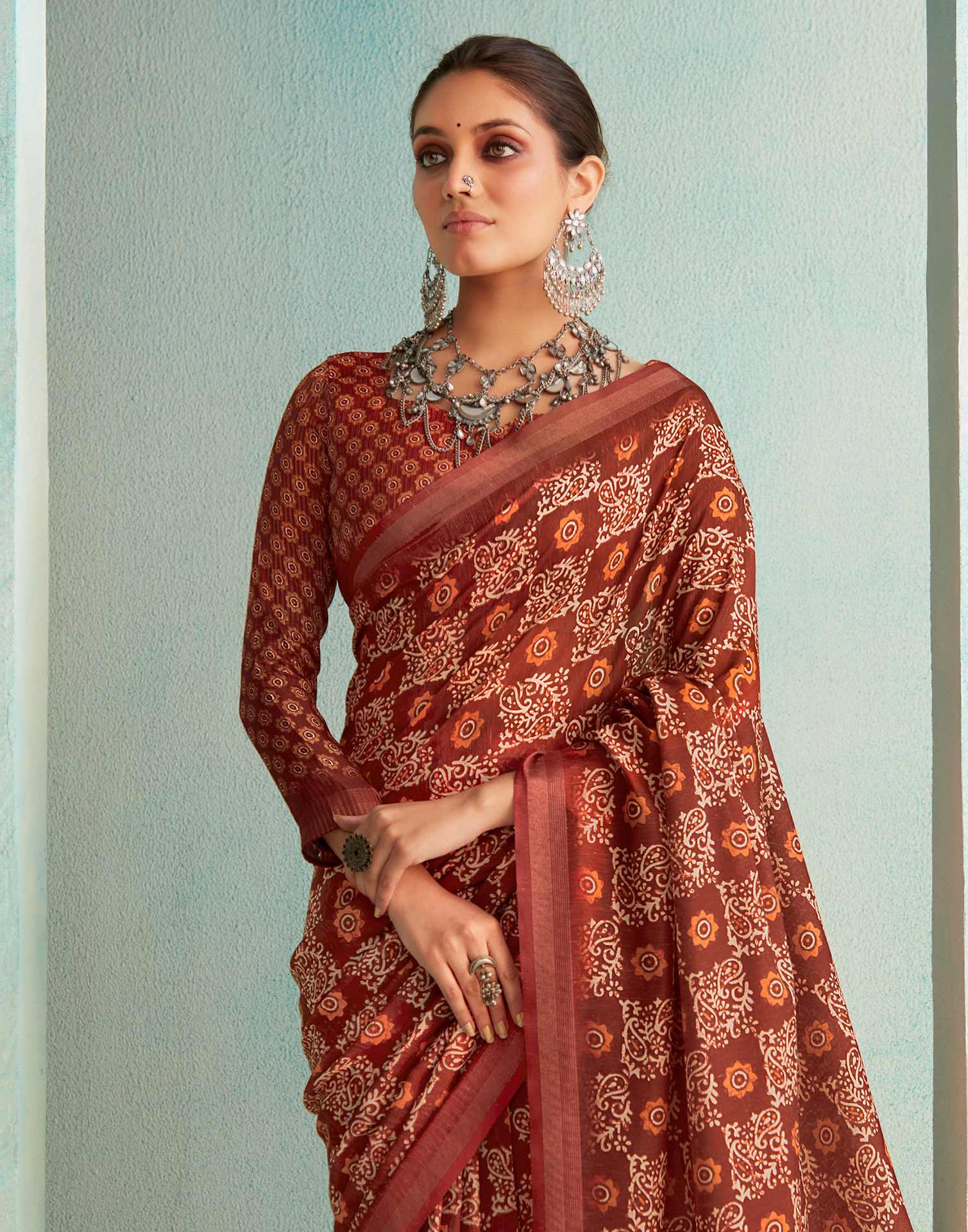Crimson Red Printed Silk Saree
