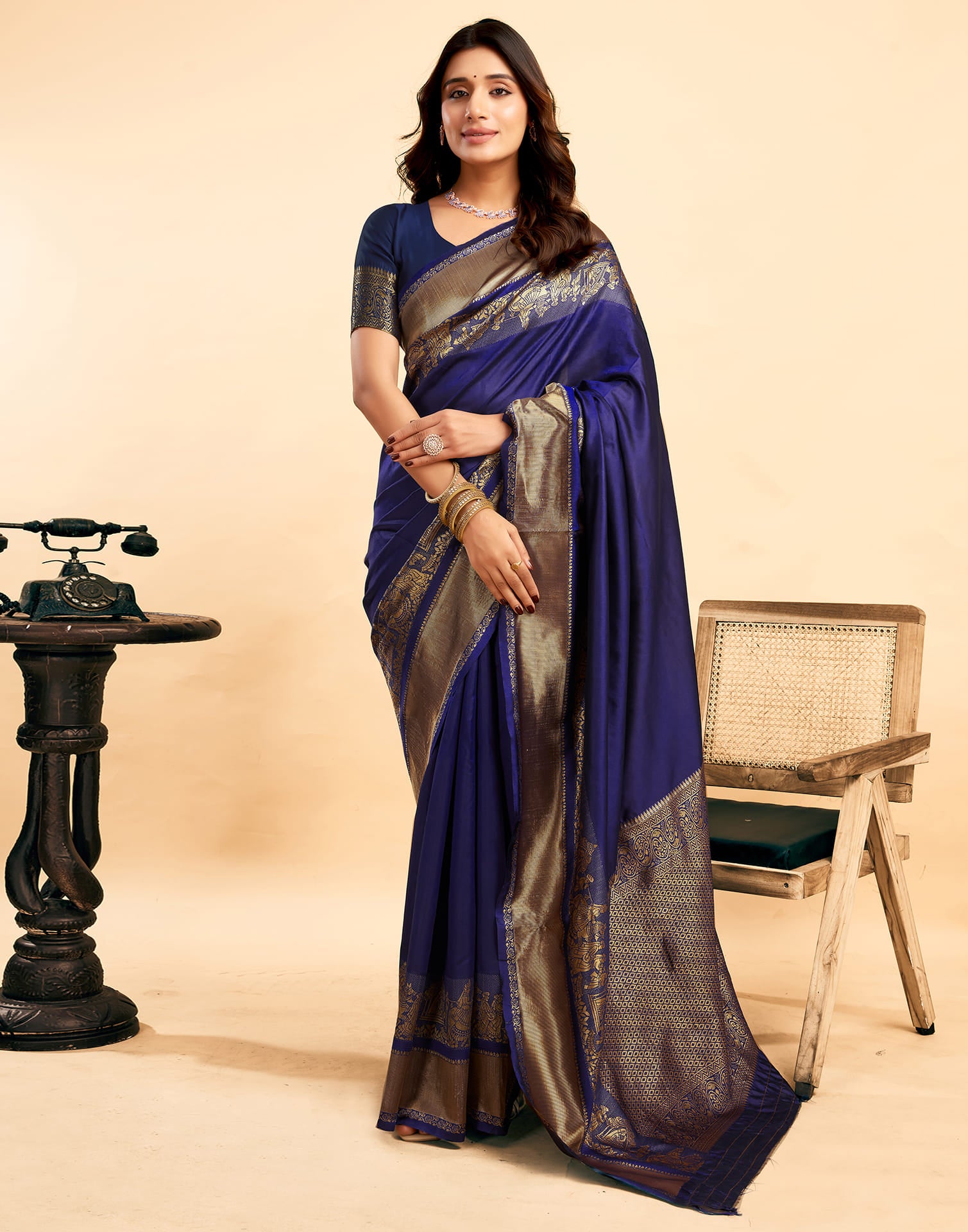 Navy Blue Silk Woven Kanjivaram Saree