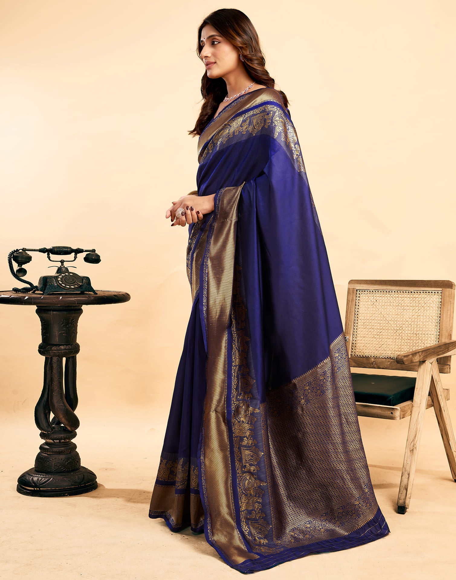 Navy Blue Silk Woven Kanjivaram Saree