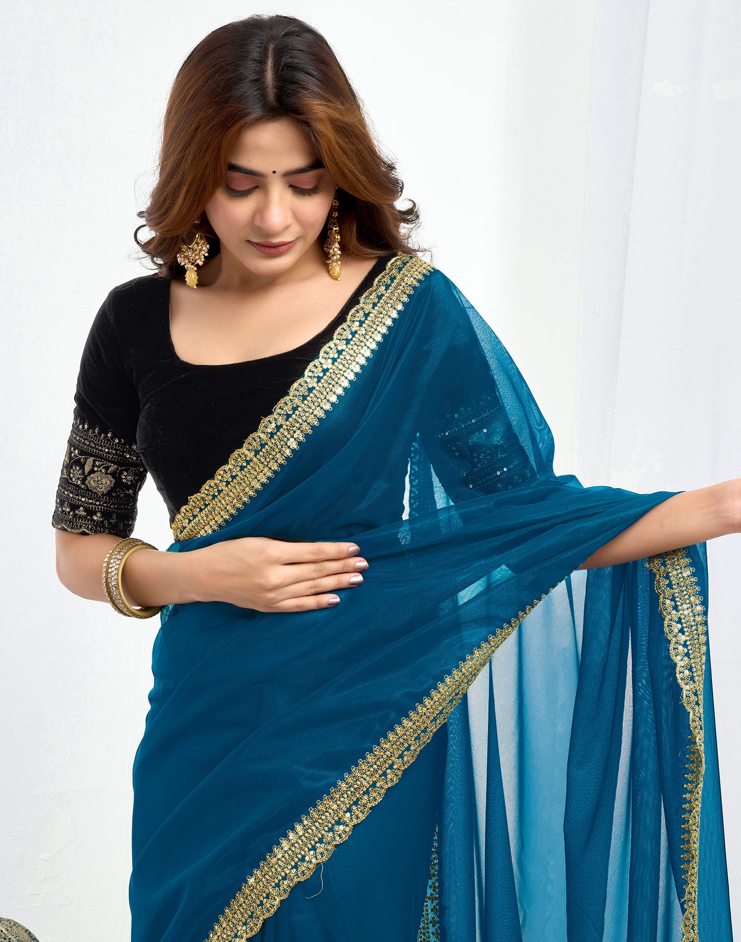 Rama Blue Shimmer Net Sequence And Embroidery Border Saree