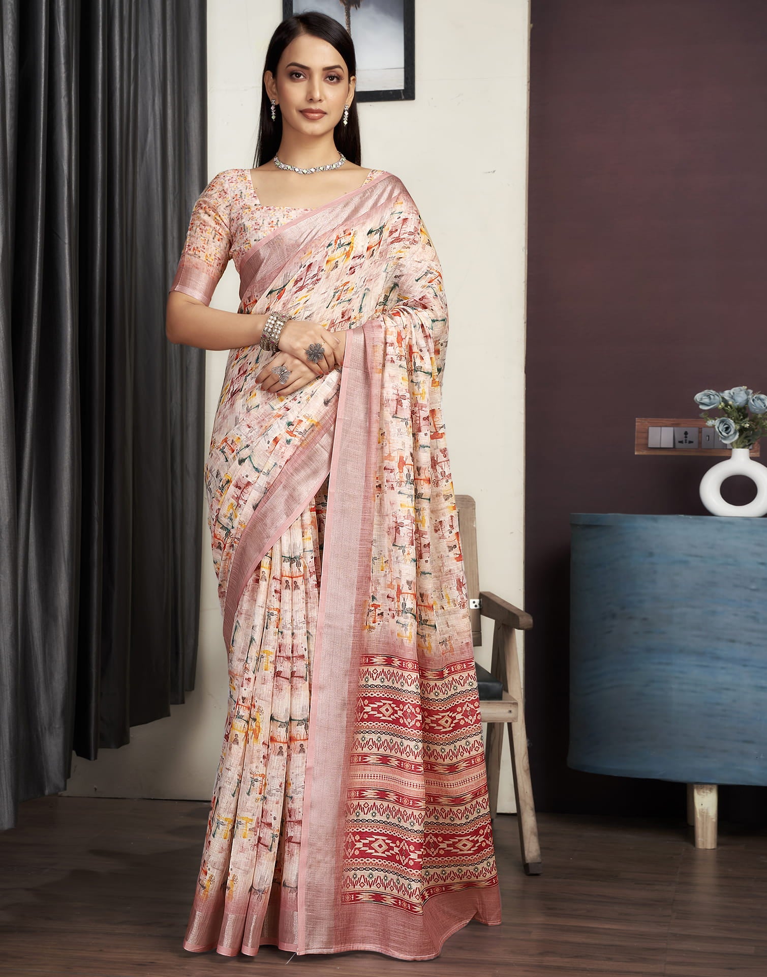 Peach Cotton Blend Printed Saree