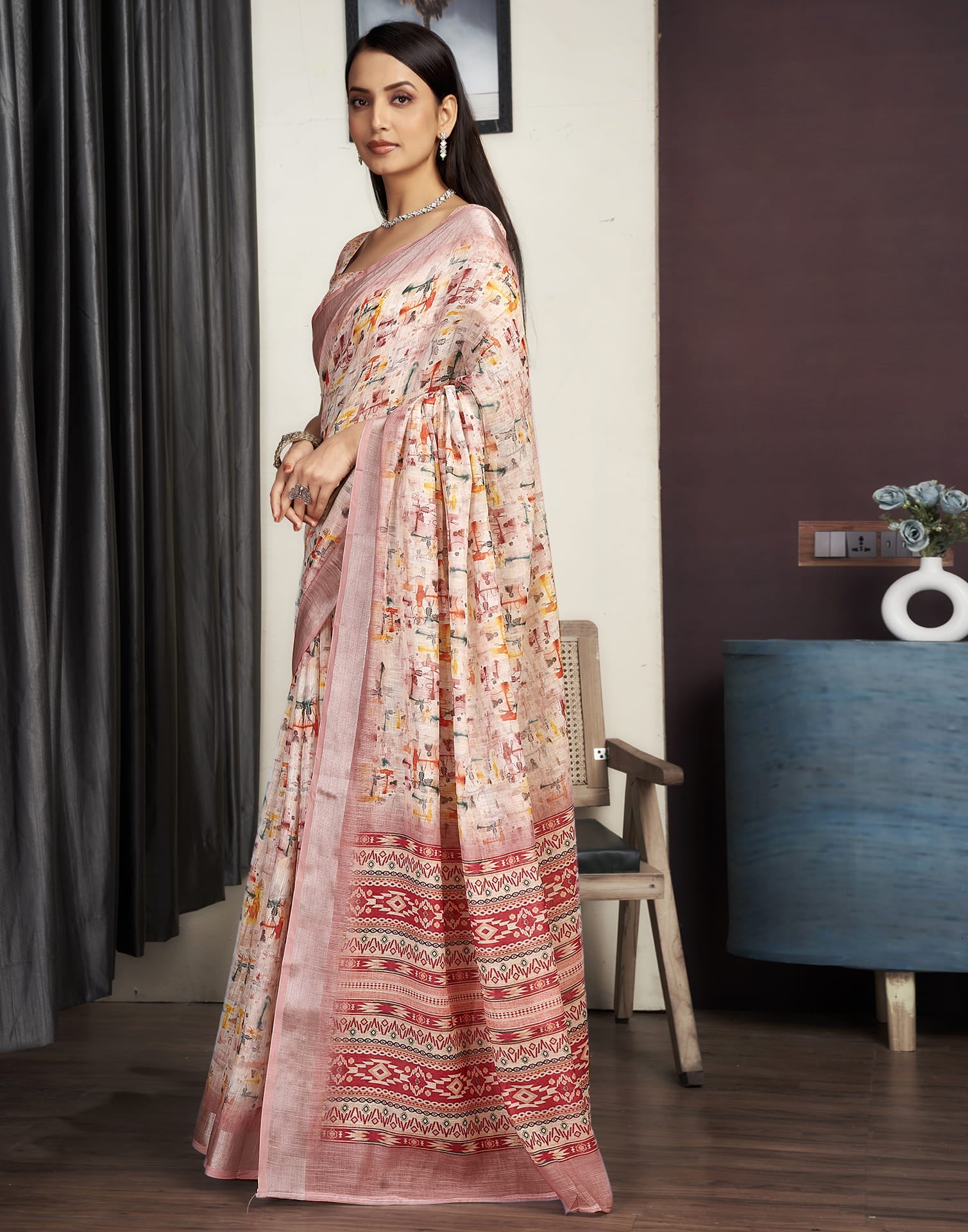 Peach Cotton Blend Printed Saree
