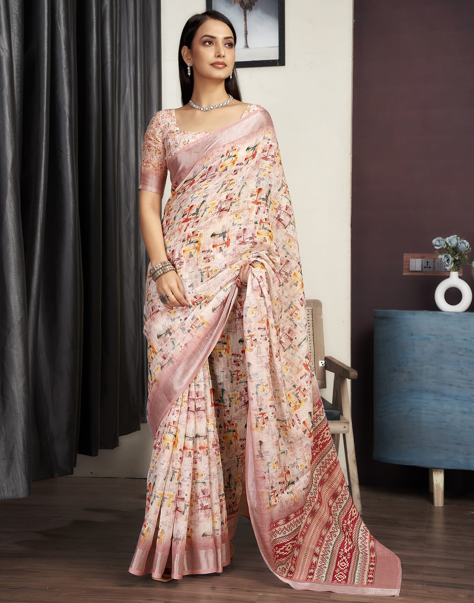 Peach Cotton Blend Printed Saree