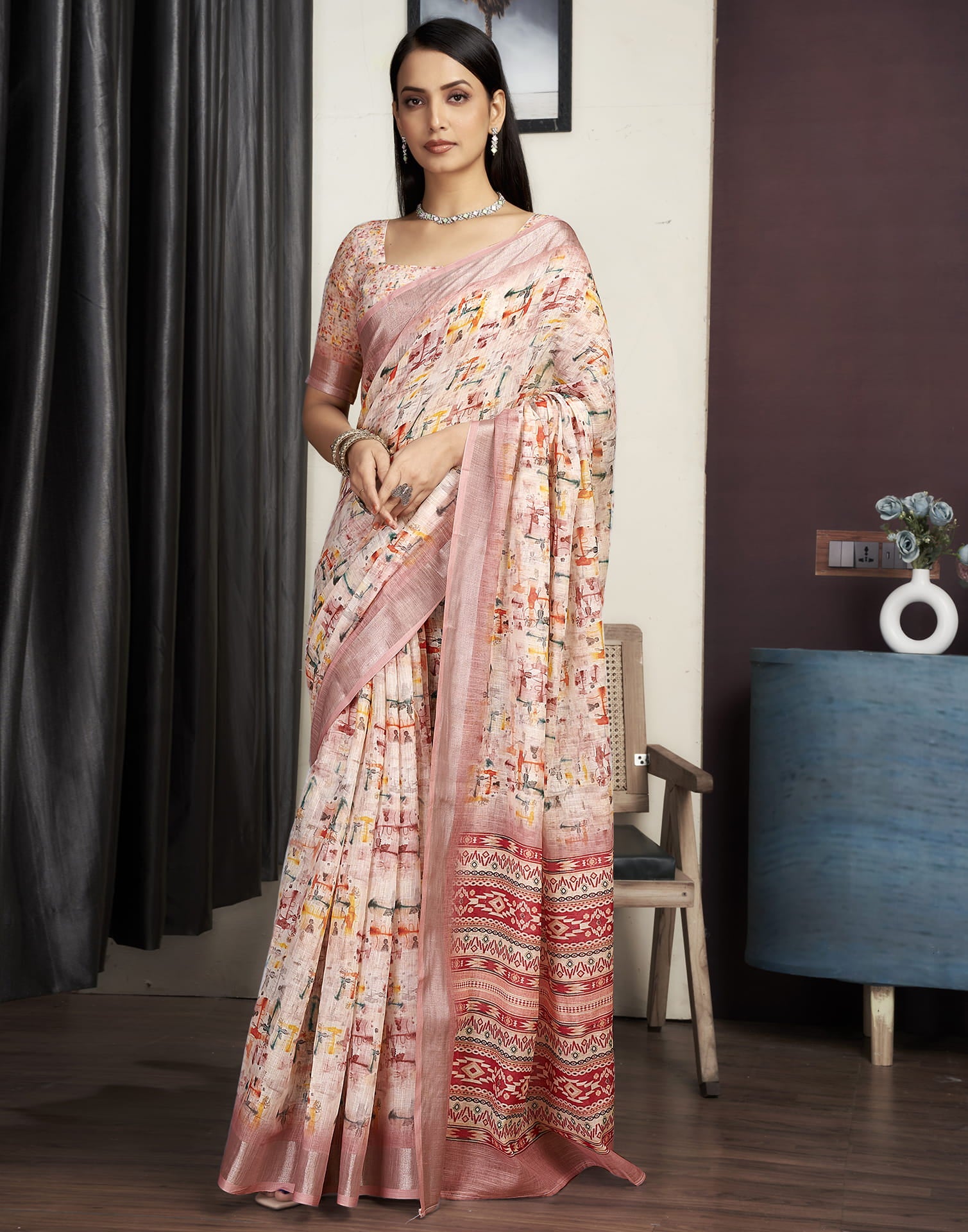Peach Cotton Blend Printed Saree