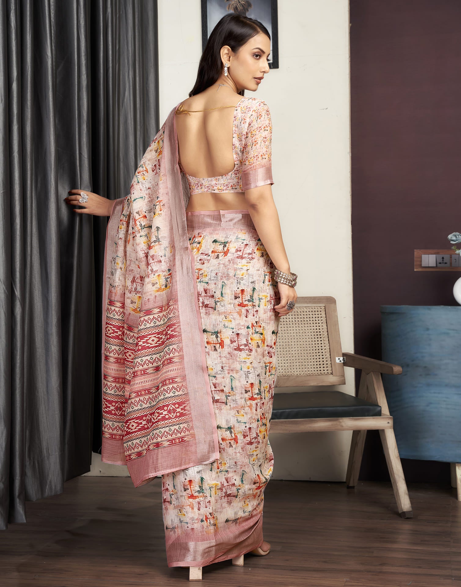 Peach Cotton Blend Printed Saree