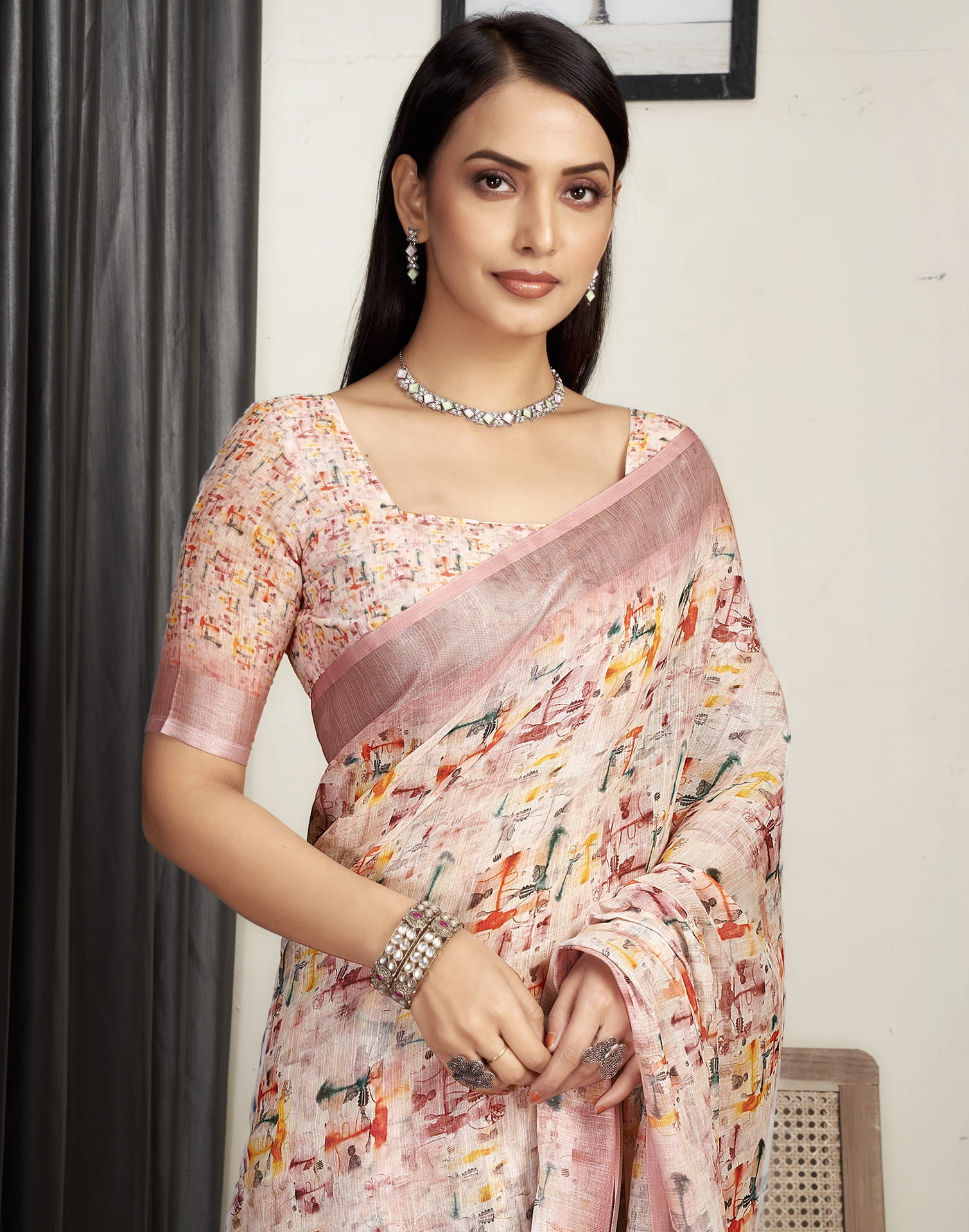 Peach Cotton Blend Printed Saree