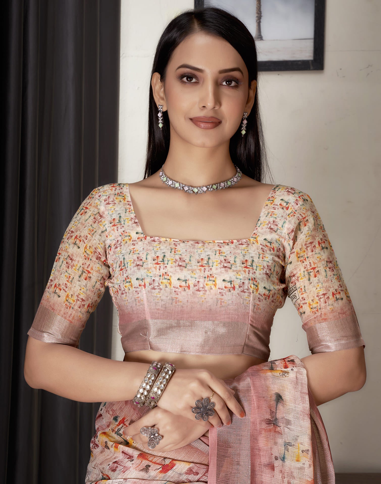 Peach Cotton Blend Printed Saree