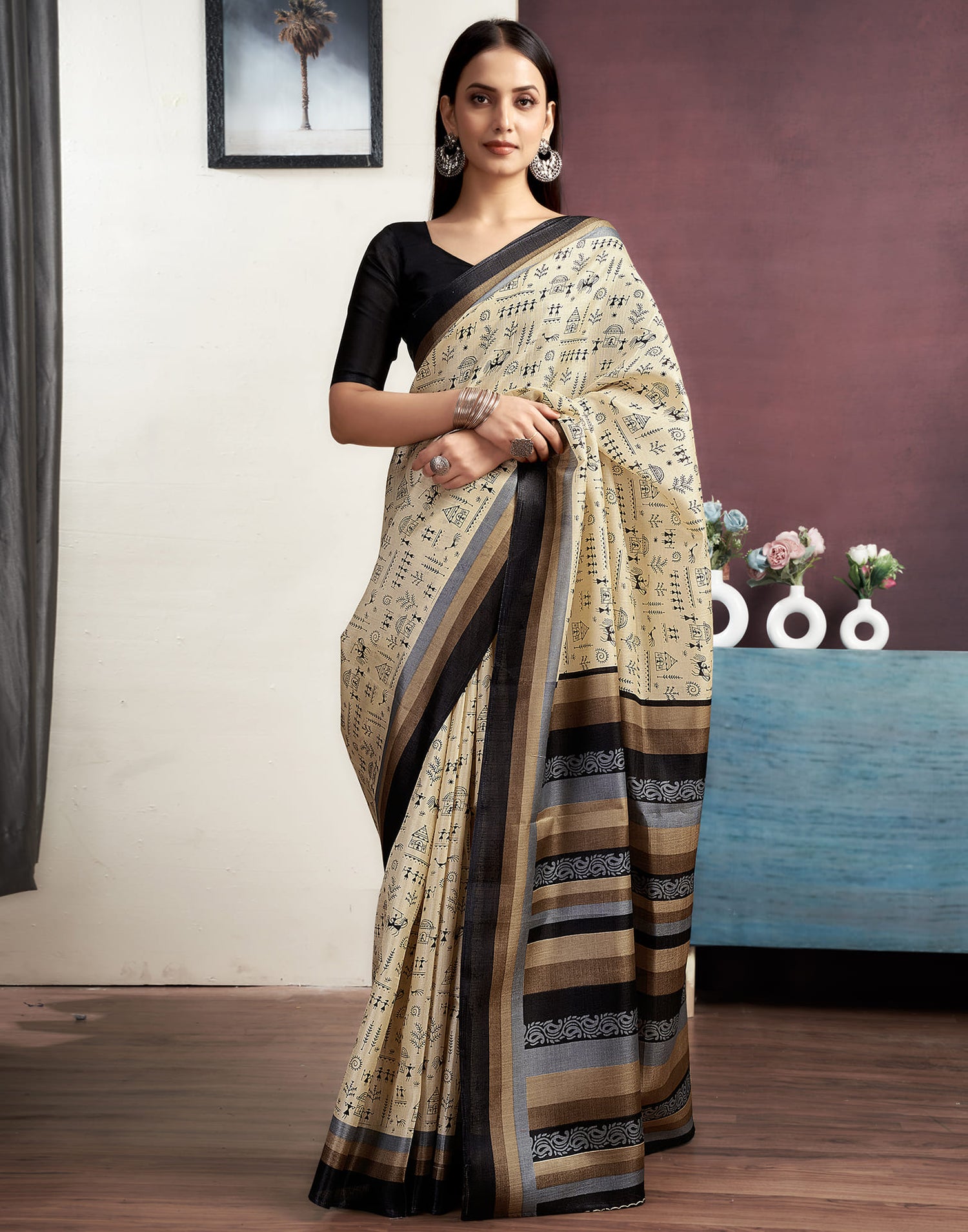 Beige Cotton Blend Printed Saree