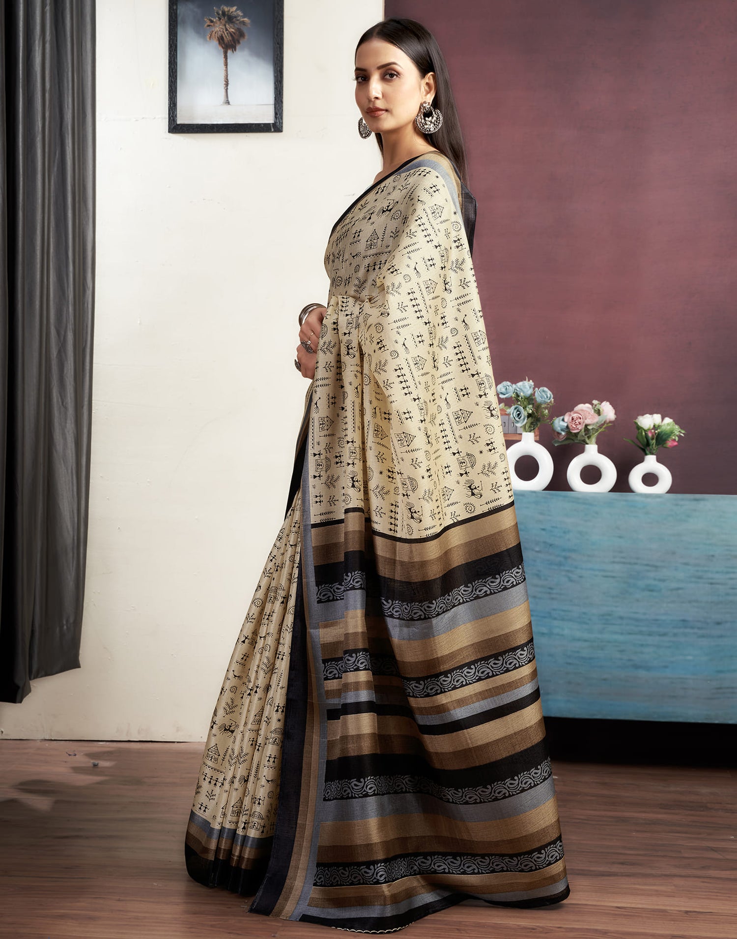 Beige Cotton Blend Printed Saree