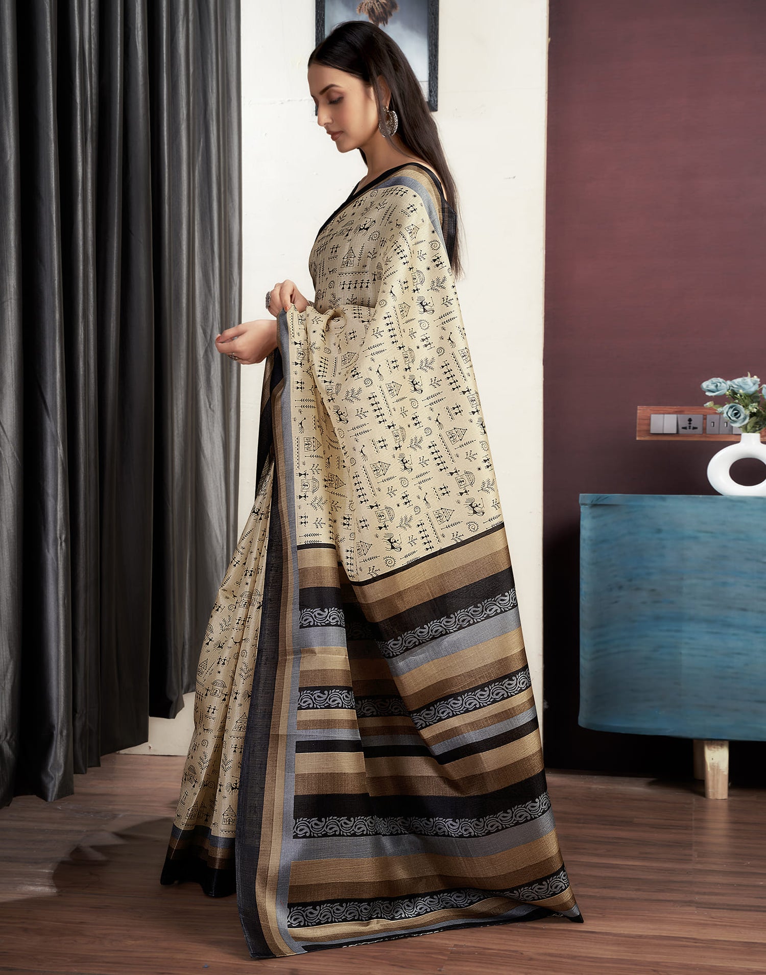 Beige Cotton Blend Printed Saree