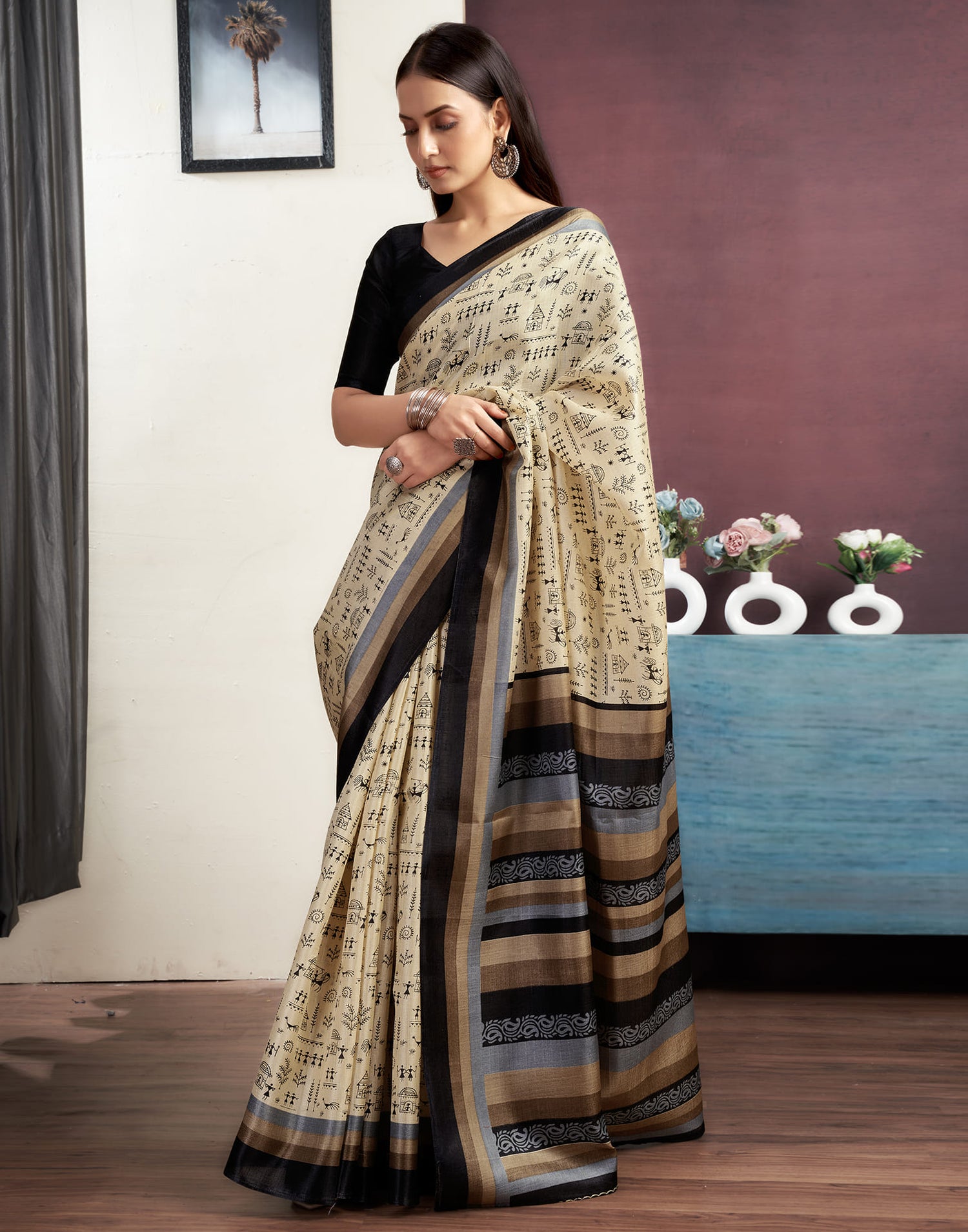 Beige Cotton Blend Printed Saree