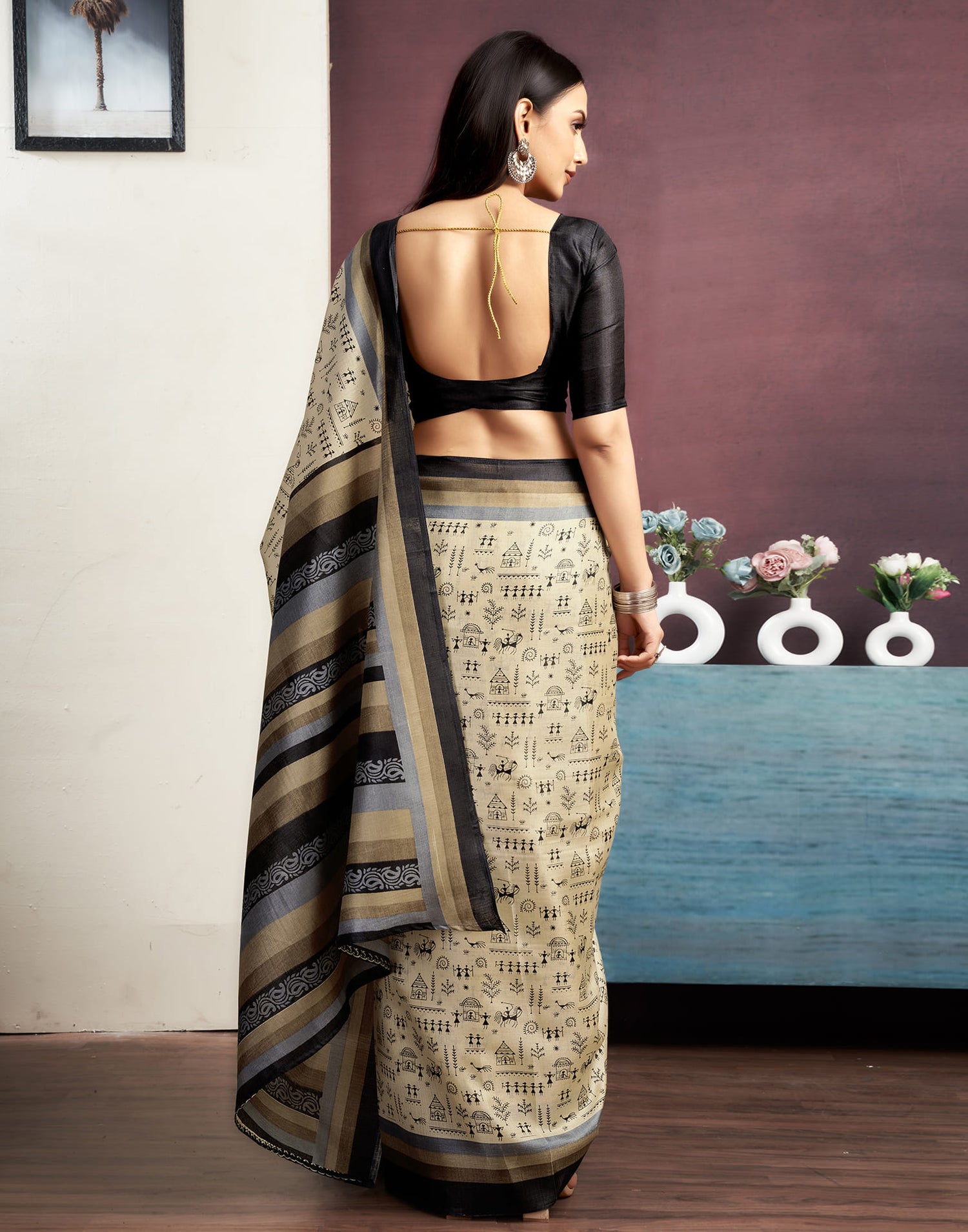 Beige Cotton Blend Printed Saree