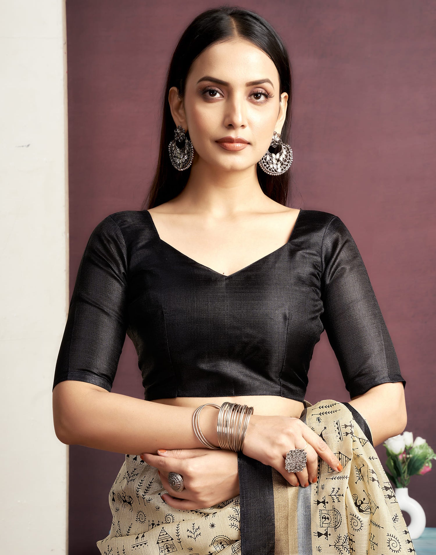 Beige Cotton Blend Printed Saree