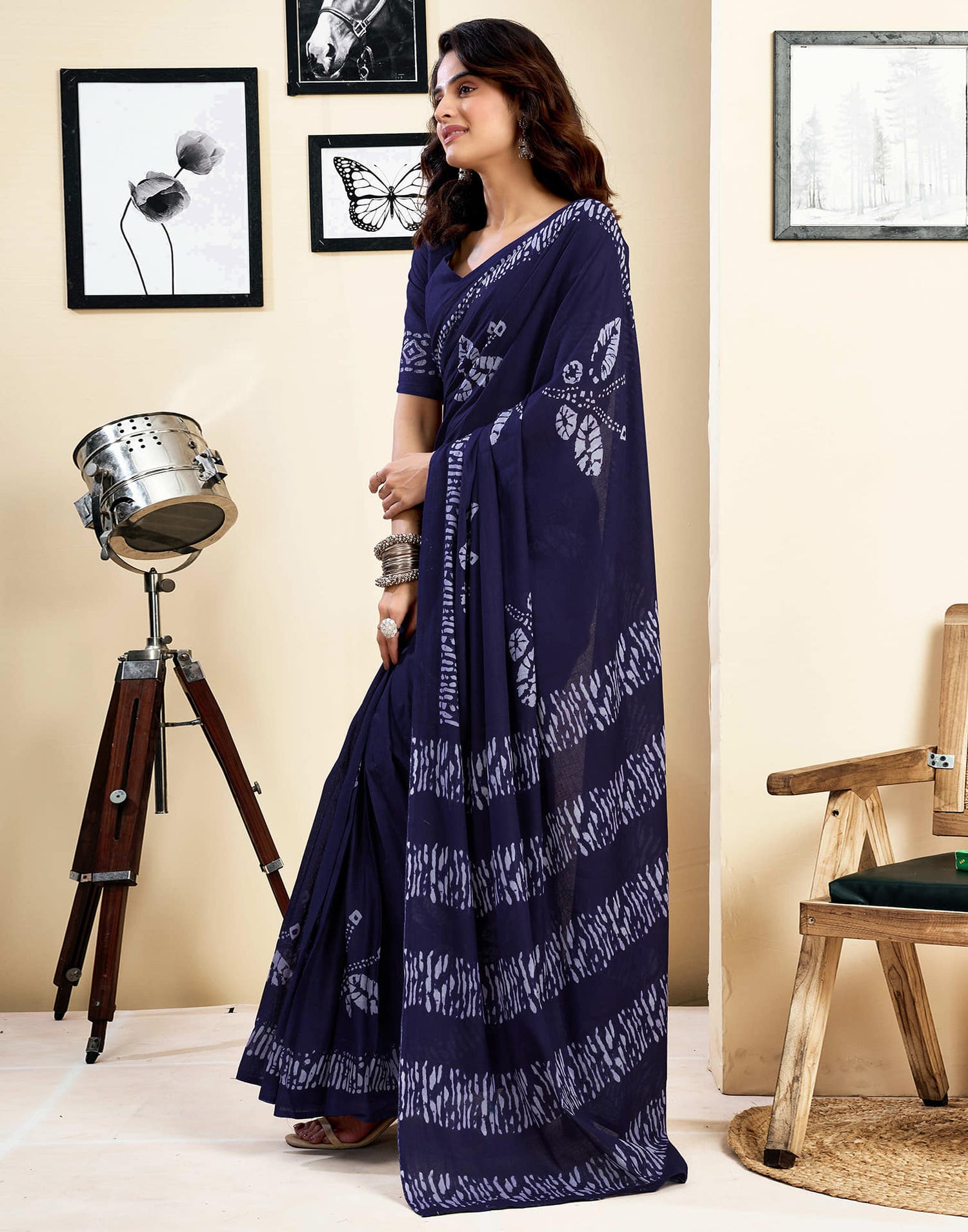 Ready To Wear Navy Blue Pure Cotton Printed Saree With Pocket