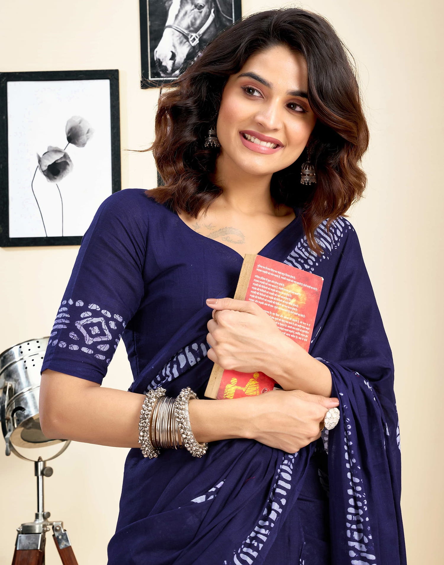 Ready To Wear Navy Blue Pure Cotton Printed Saree With Pocket