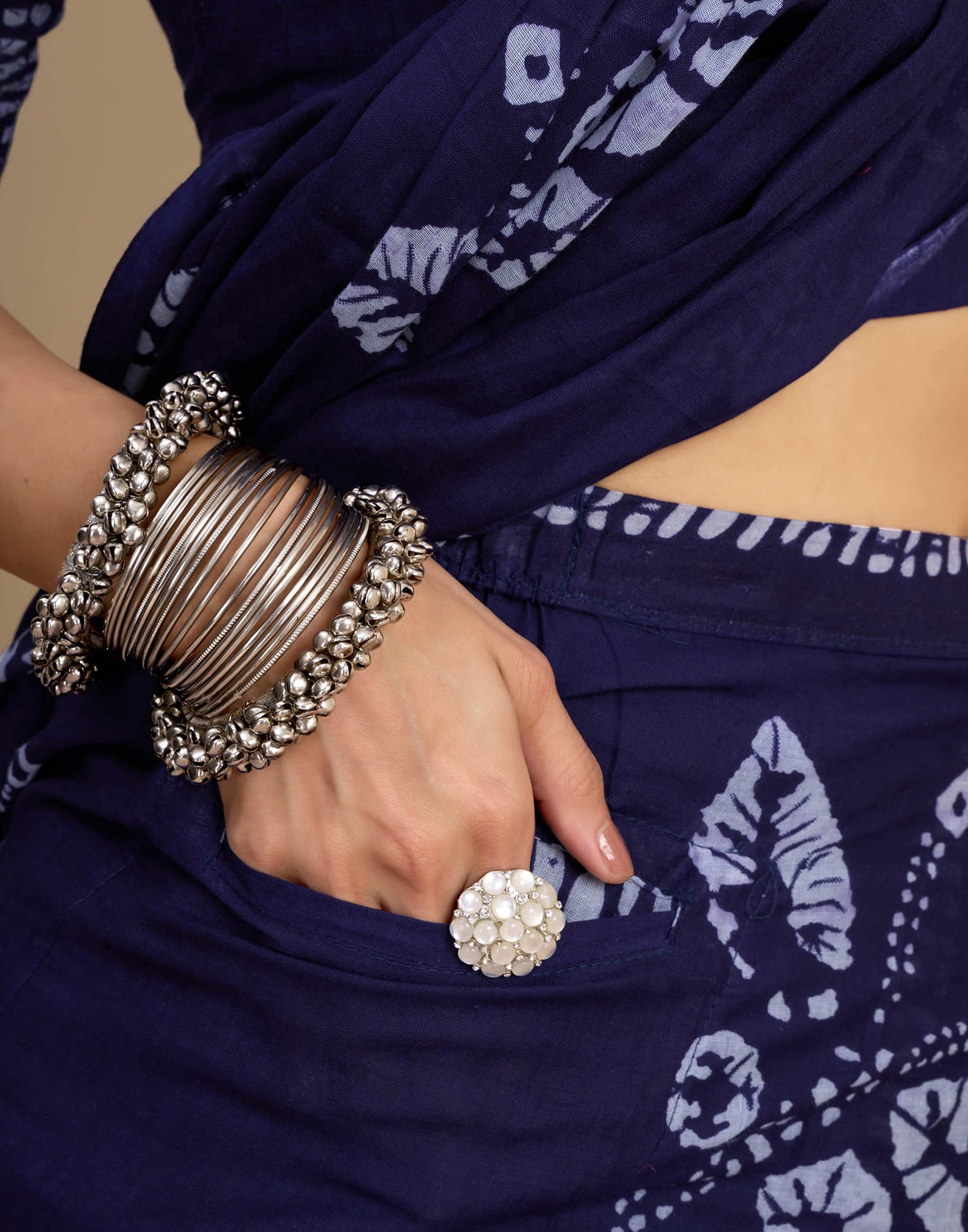 Ready To Wear Navy Blue Pure Cotton Printed Saree With Pocket