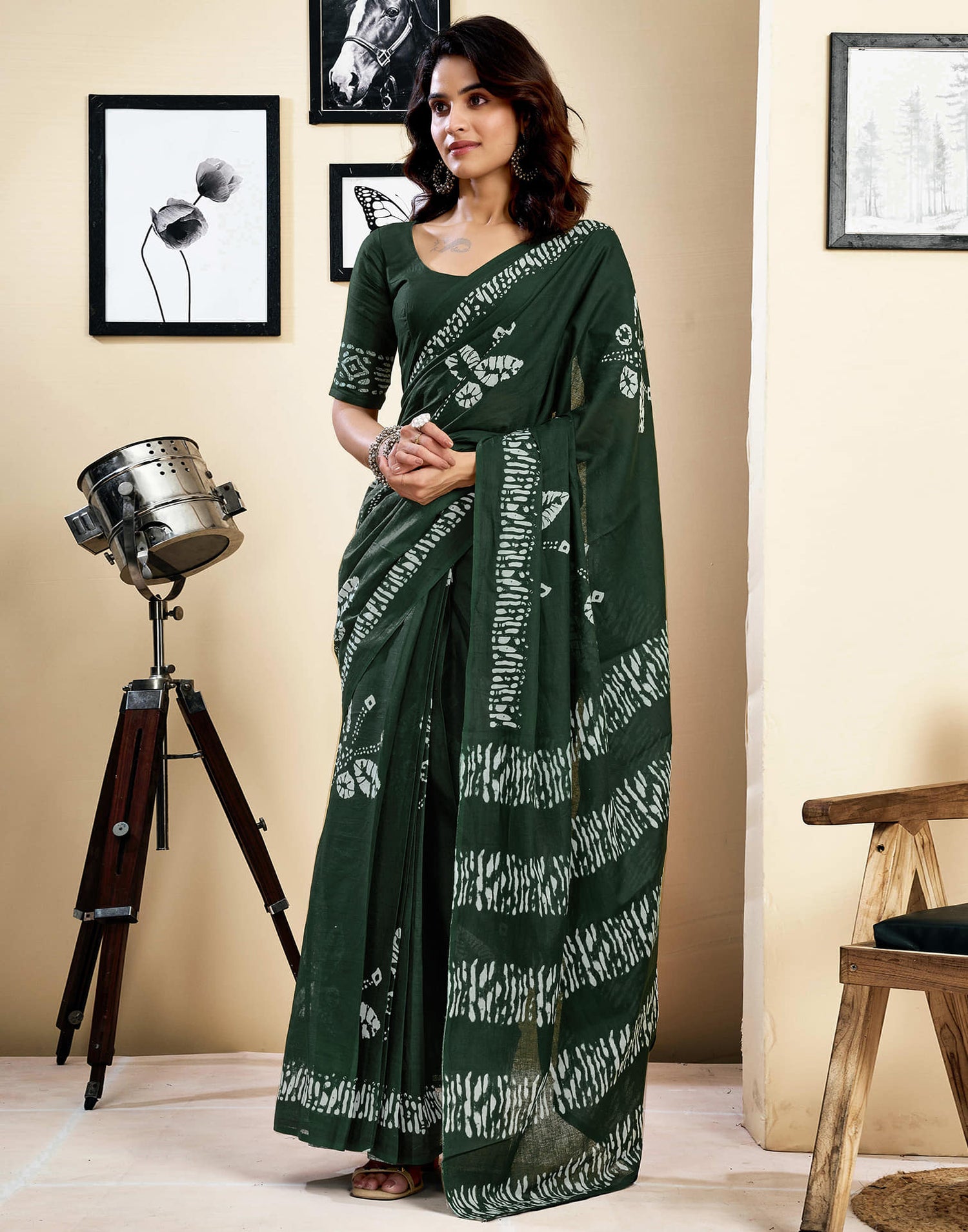 Ready To Wear Dark Green Pure Cotton Printed Saree With Pocket