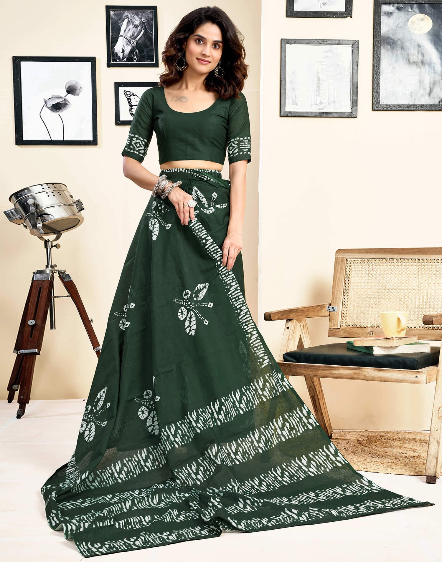 Ready To Wear Dark Green Pure Cotton Printed Saree With Pocket