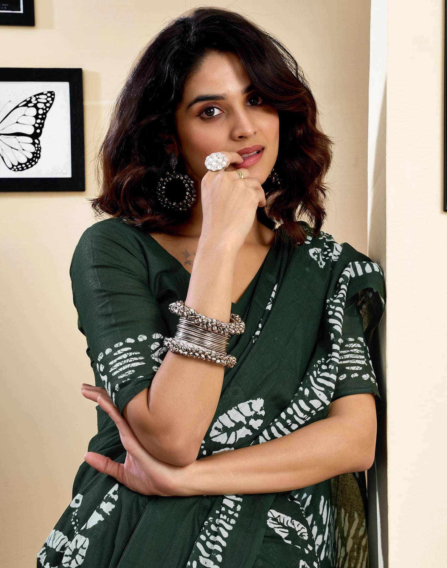 Ready To Wear Dark Green Pure Cotton Printed Saree With Pocket