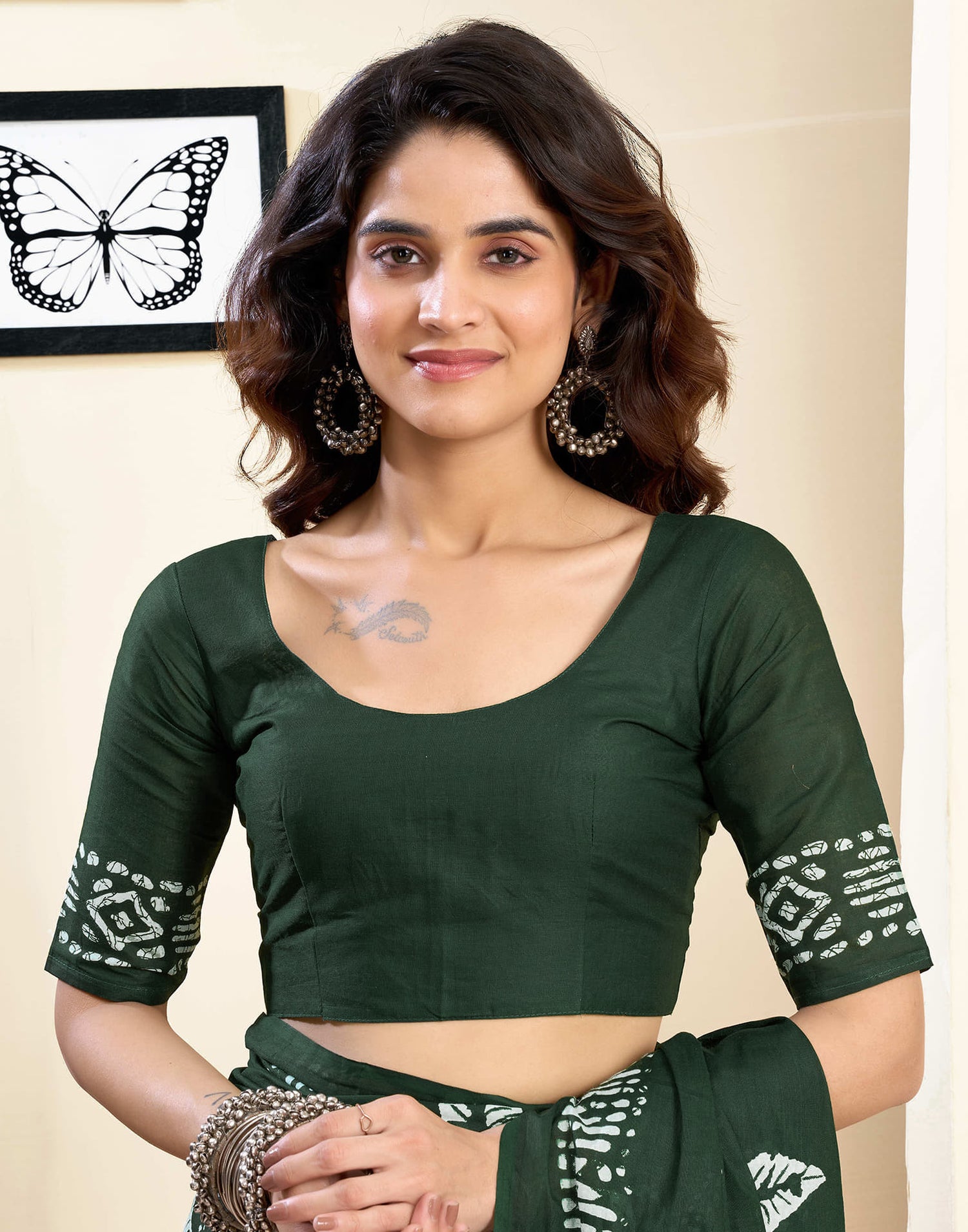 Ready To Wear Dark Green Pure Cotton Printed Saree With Pocket