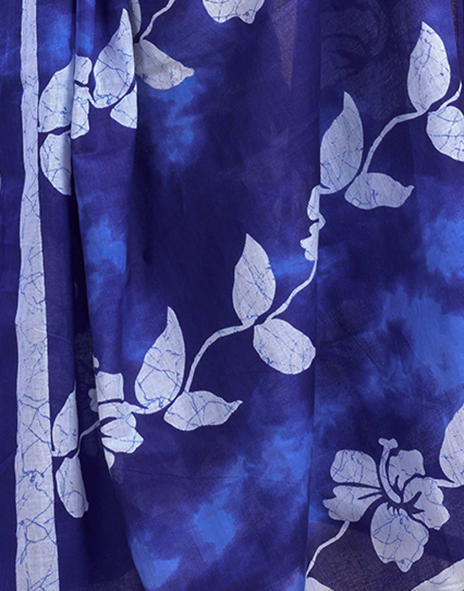 Ready To Wear Dark Blue Pure Cotton Floral Printed Saree With Pocket