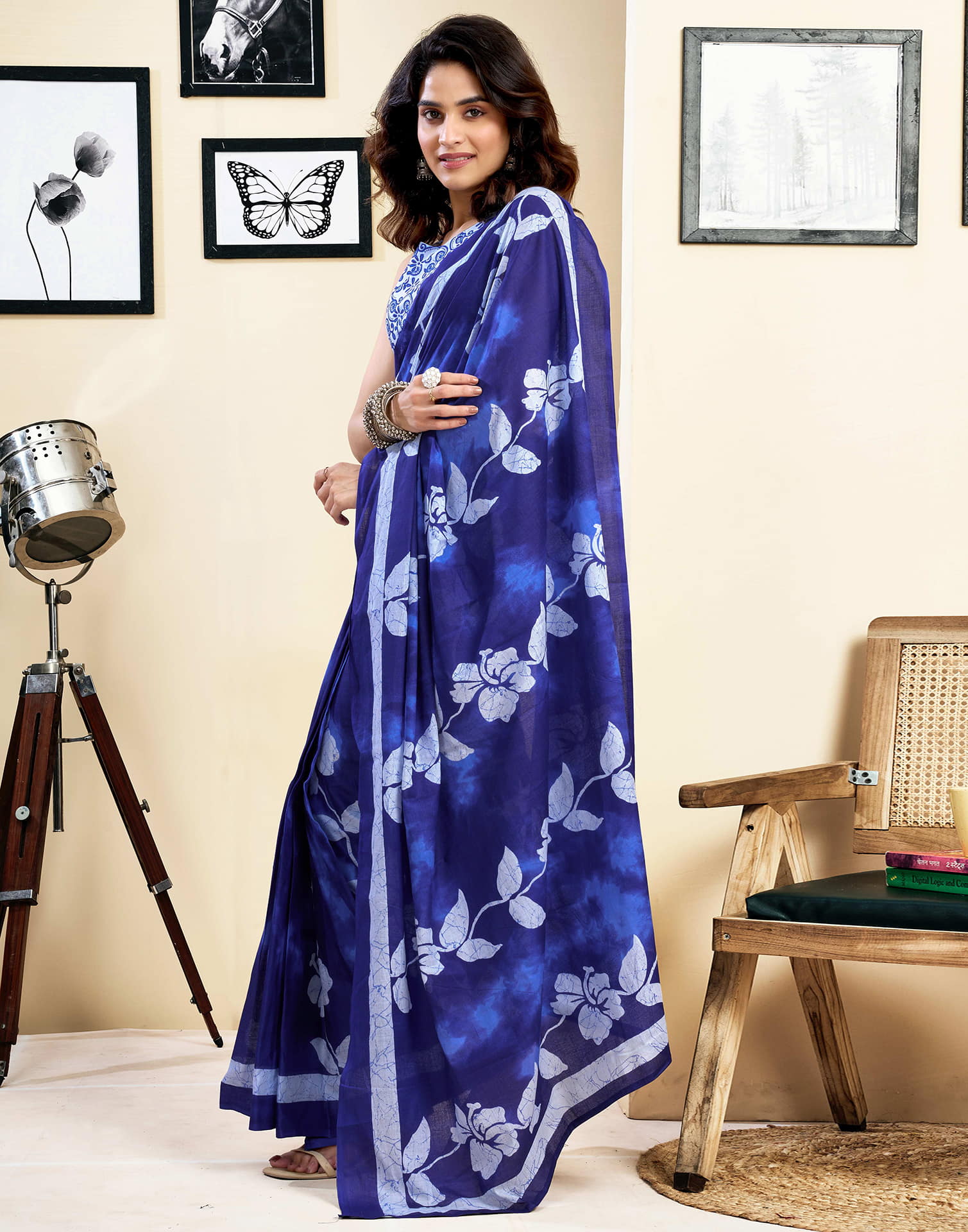 Ready To Wear Dark Blue Pure Cotton Floral Printed Saree With Pocket