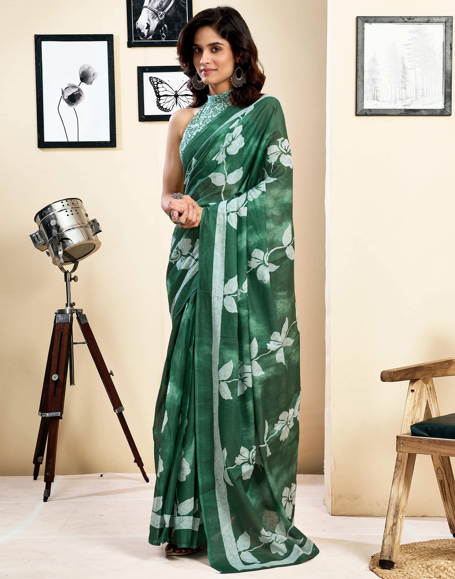 Ready To Wear Green Pure Cotton Floral Printed Saree With Pocket