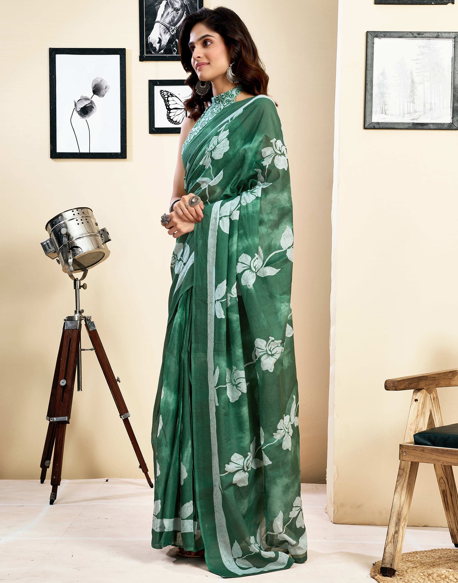 Ready To Wear Green Pure Cotton Floral Printed Saree With Pocket