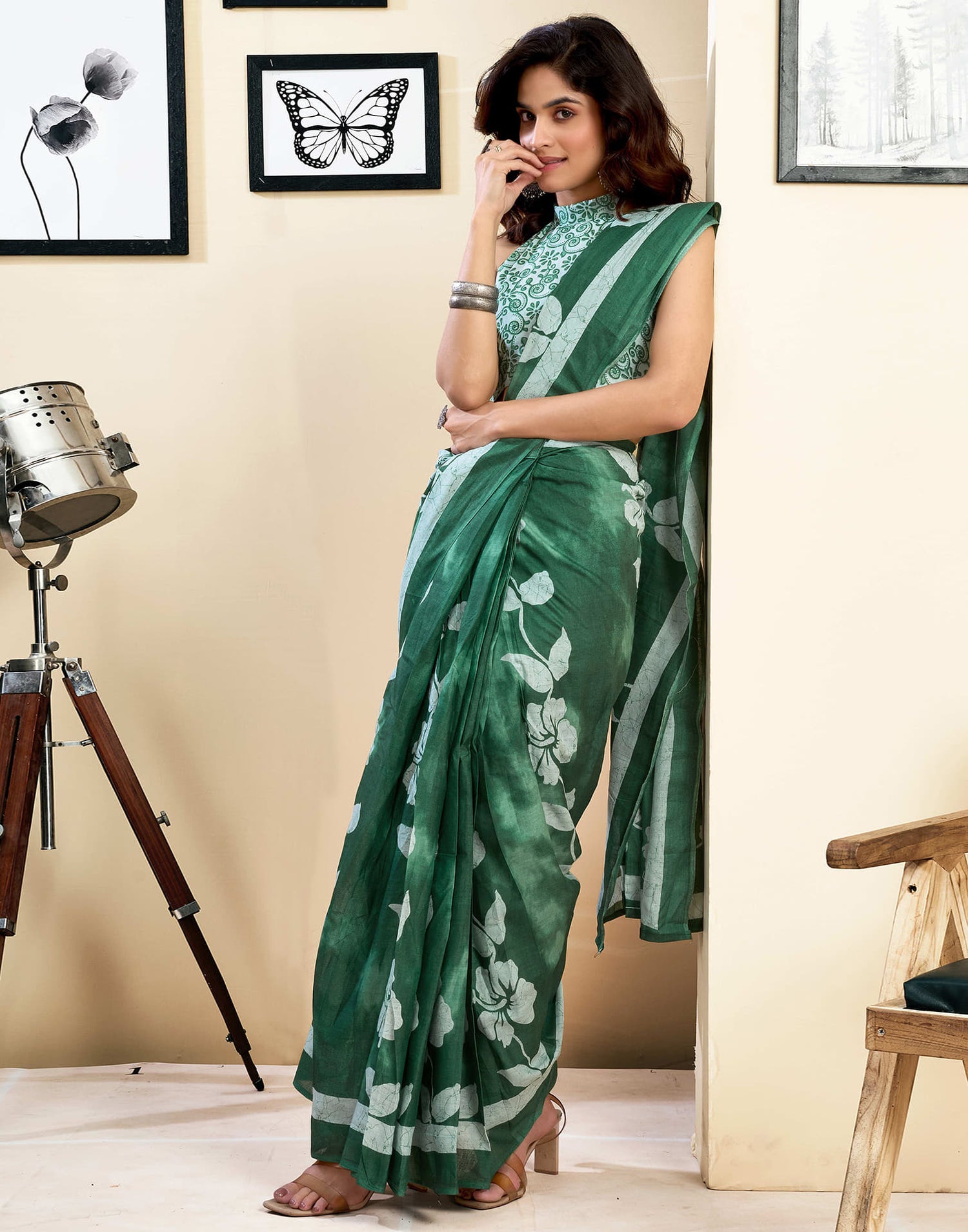 Ready To Wear Green Pure Cotton Floral Printed Saree With Pocket
