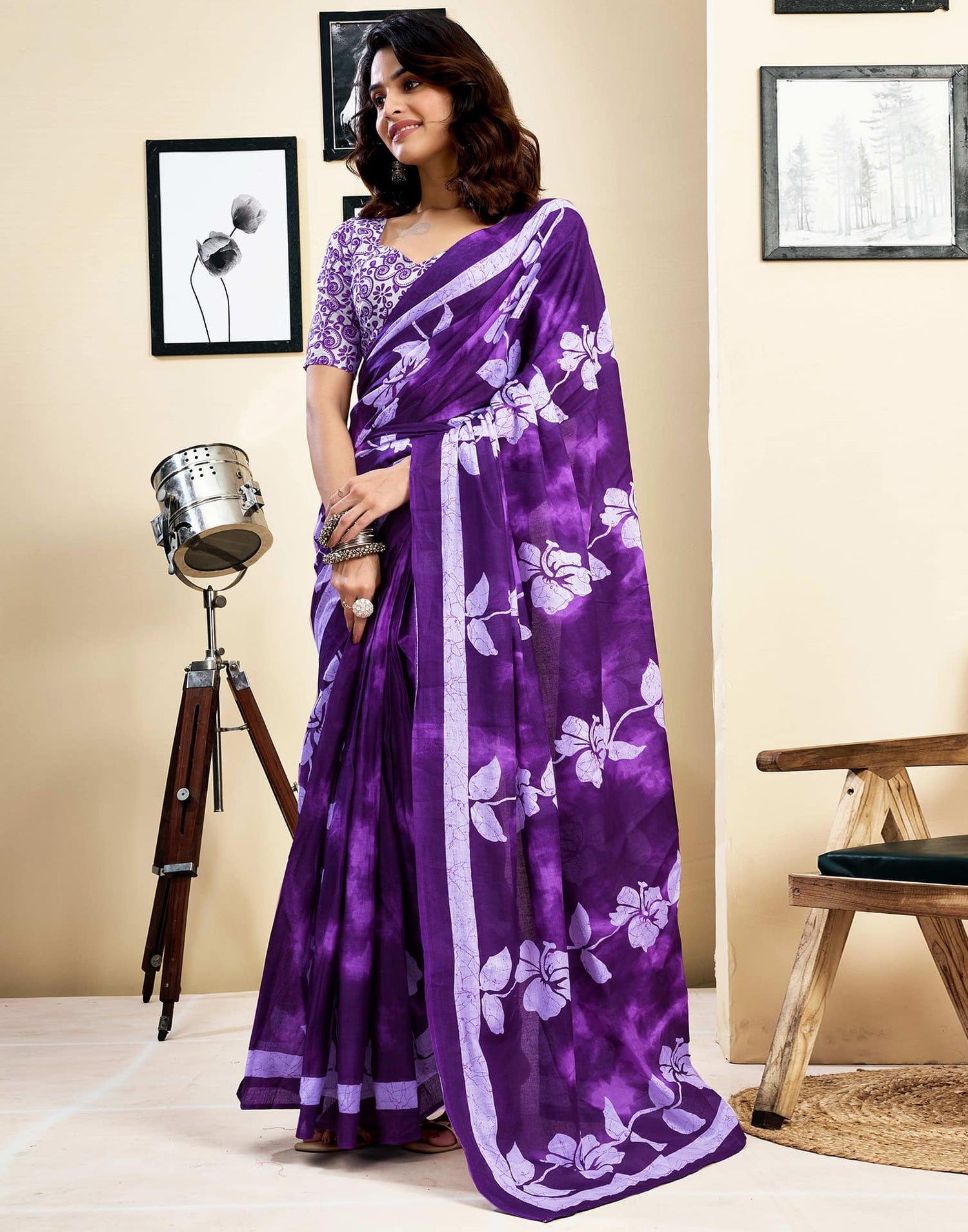 Ready To Wear Purple Pure Cotton Floral Printed Saree With Pocket