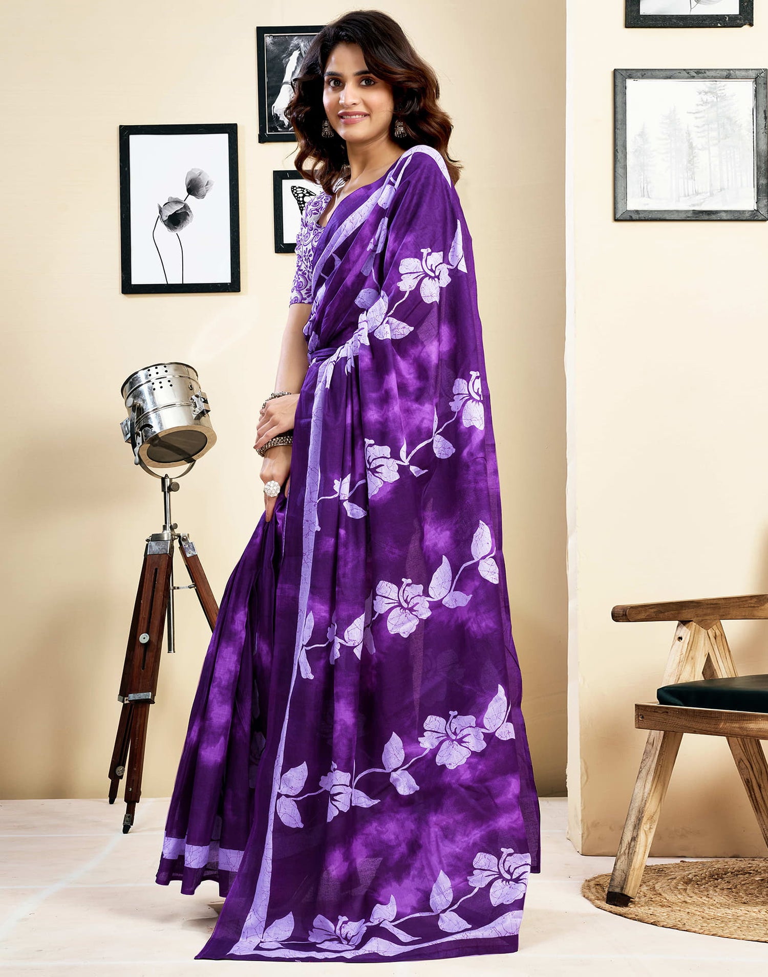 Ready To Wear Purple Pure Cotton Floral Printed Saree With Pocket