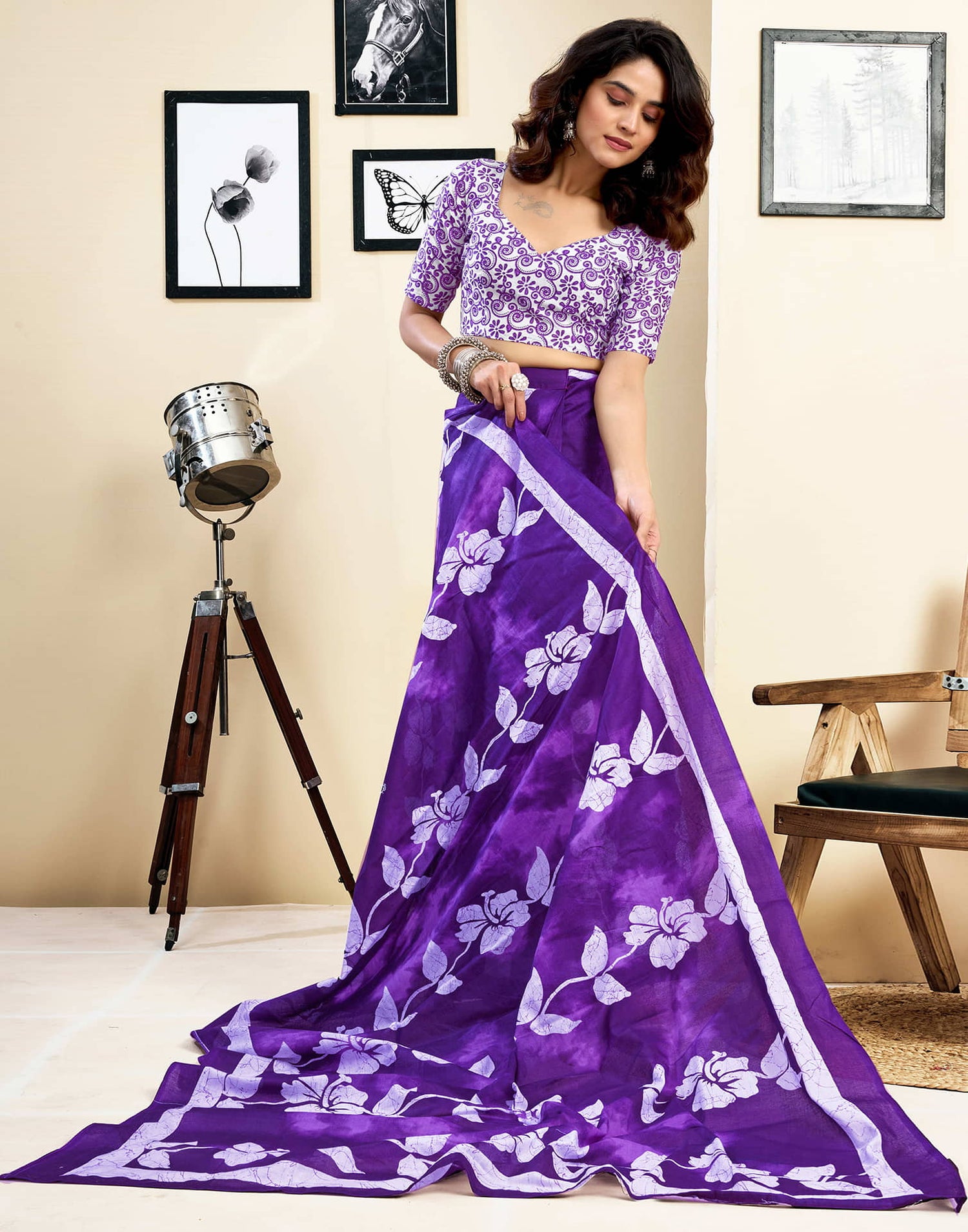 Ready To Wear Purple Pure Cotton Floral Printed Saree With Pocket