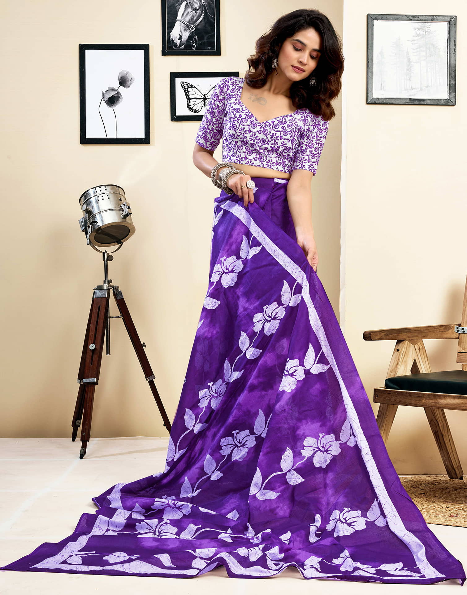 Ready To Wear Purple Pure Cotton Floral Printed Saree With Pocket
