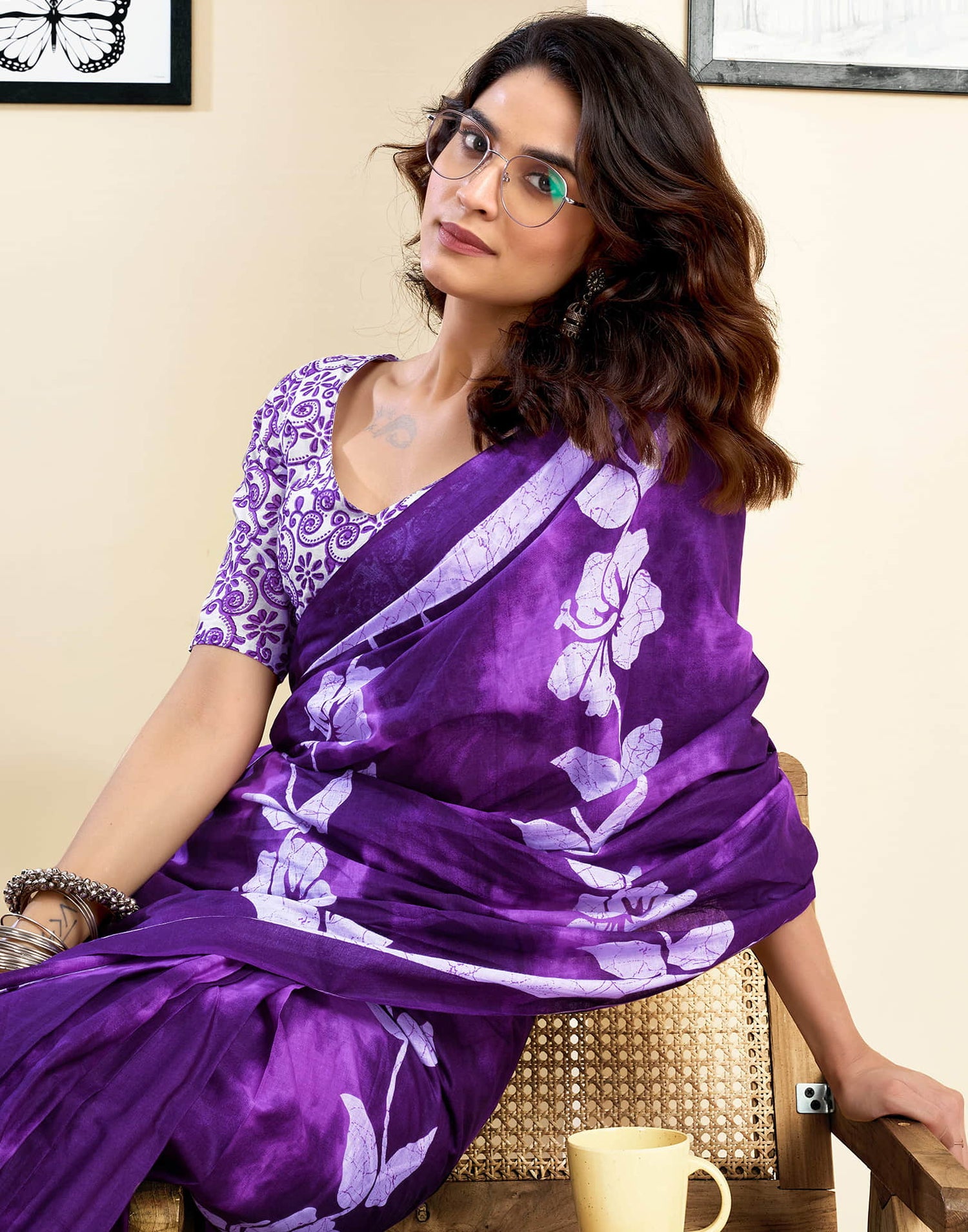 Ready To Wear Purple Pure Cotton Floral Printed Saree With Pocket