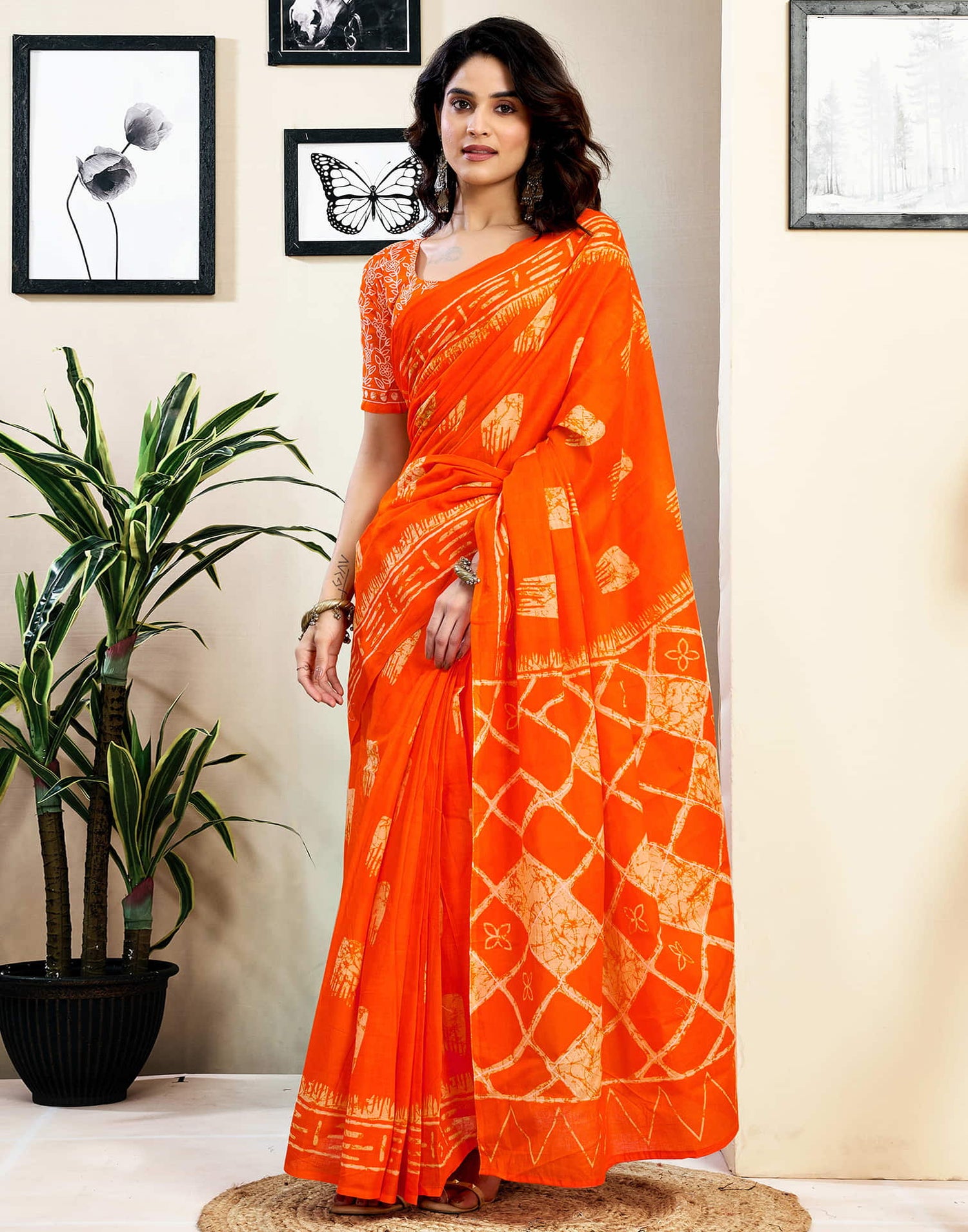 Ready To Wear Orange Pure Cotton Printed Saree With Pocket