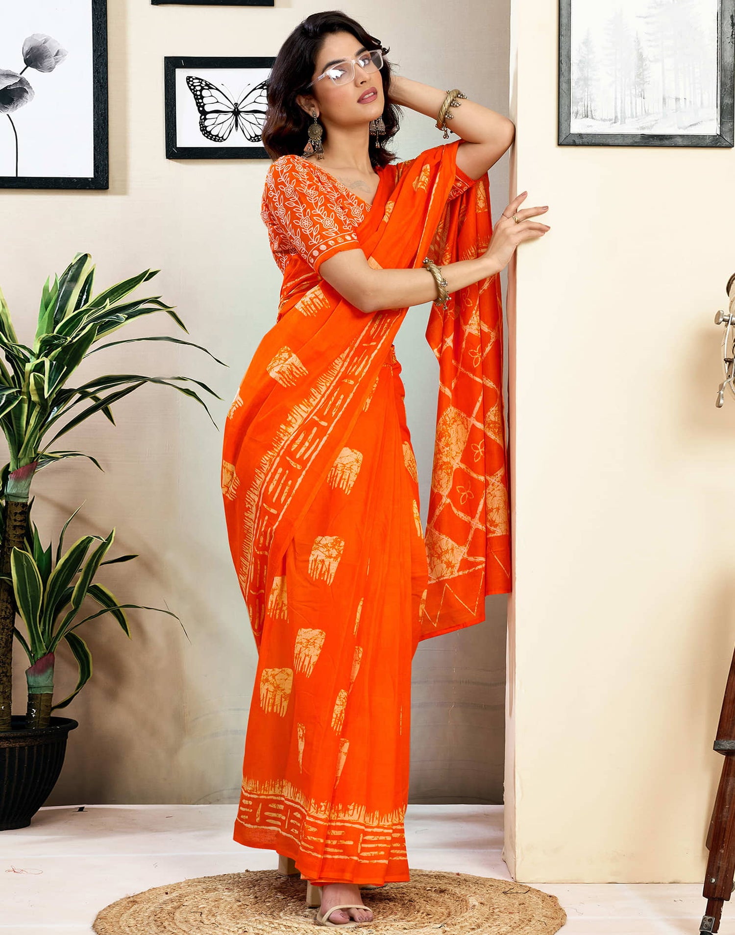 Ready To Wear Orange Pure Cotton Printed Saree With Pocket