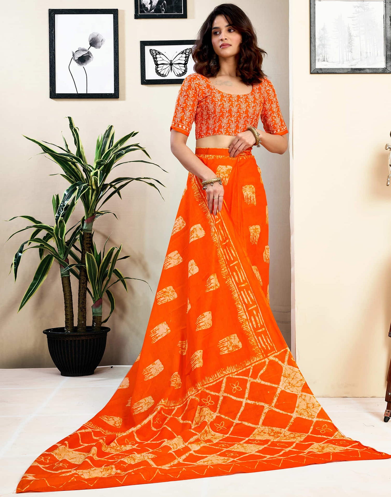 Ready To Wear Orange Pure Cotton Printed Saree With Pocket