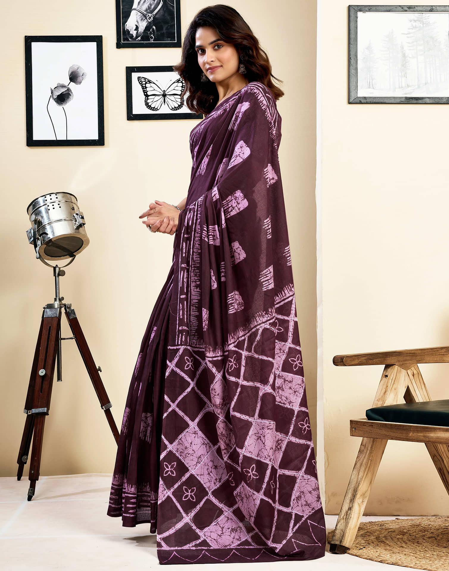 Ready To Wear Wine Pure Cotton Printed Saree With Pocket