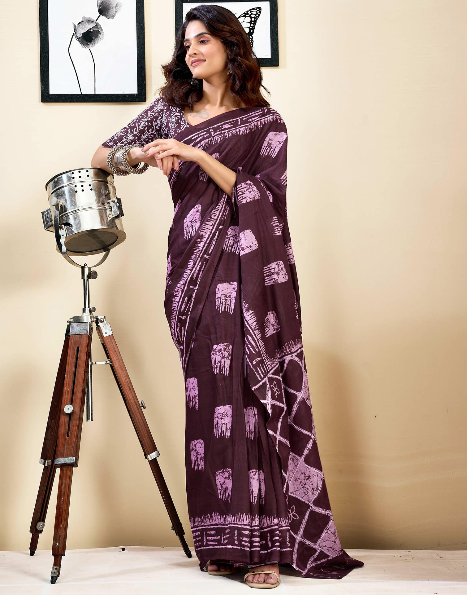 Ready To Wear Wine Pure Cotton Printed Saree With Pocket