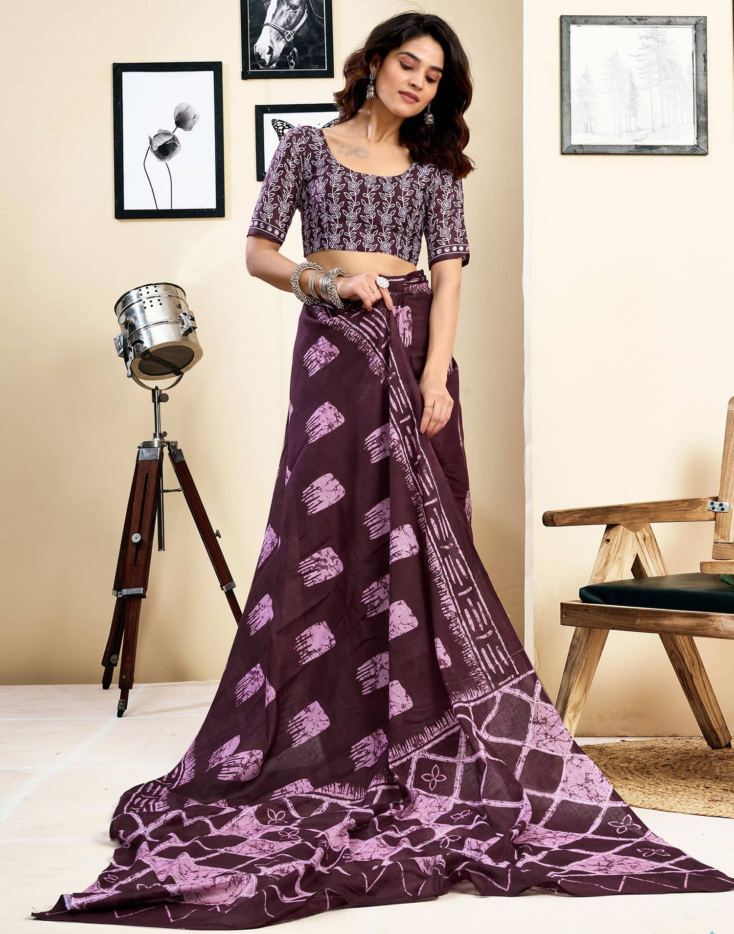 Ready To Wear Wine Pure Cotton Printed Saree With Pocket