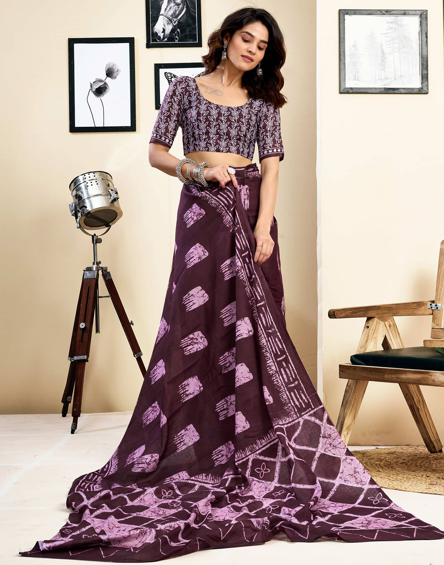 Ready To Wear Wine Pure Cotton Printed Saree With Pocket
