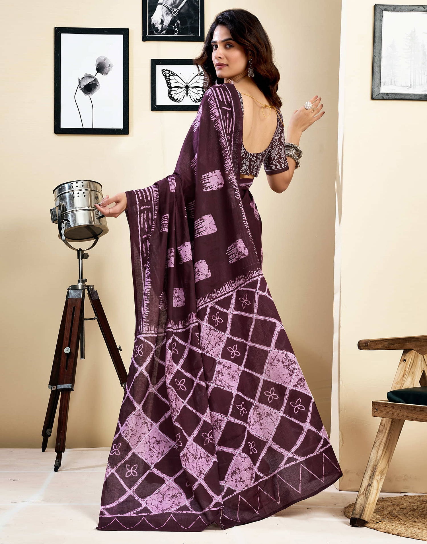 Ready To Wear Wine Pure Cotton Printed Saree With Pocket