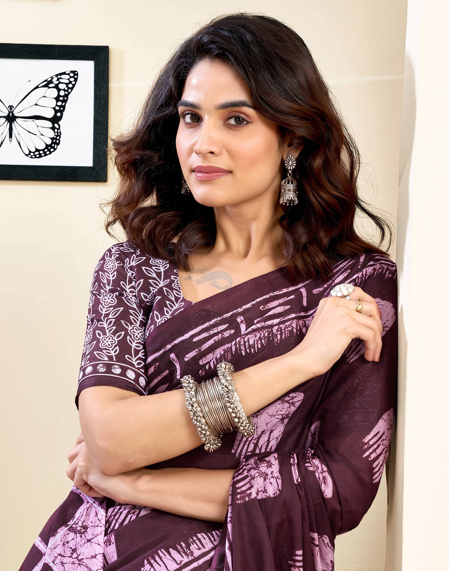 Ready To Wear Wine Pure Cotton Printed Saree With Pocket