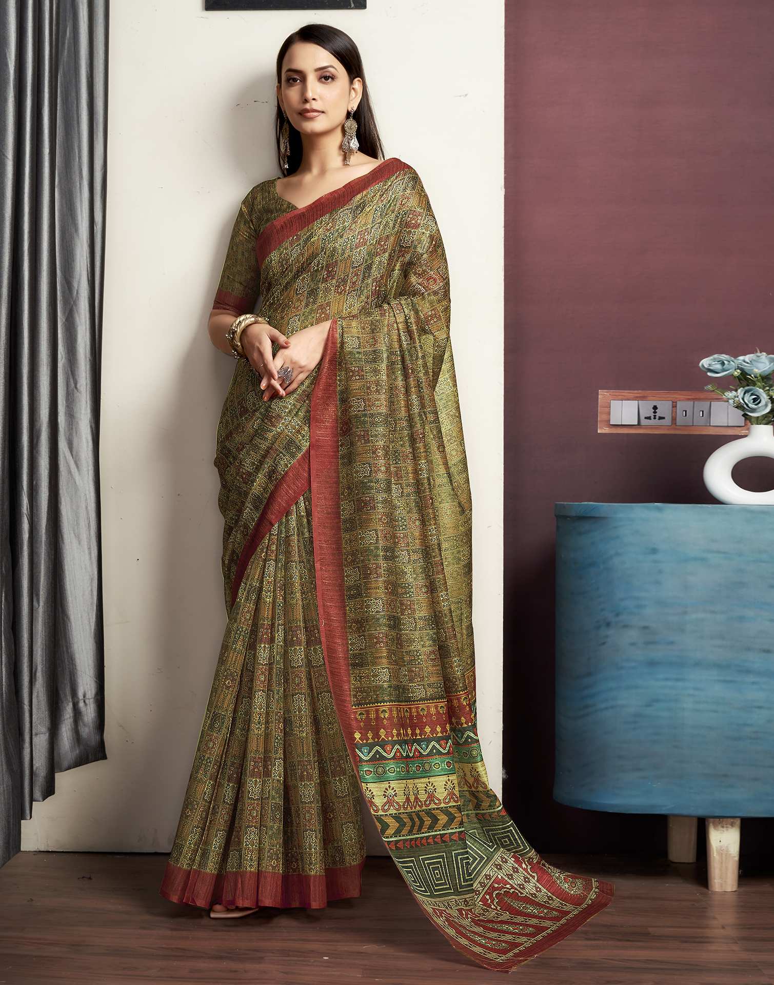 Olive Green Printed Cotton Blend Saree