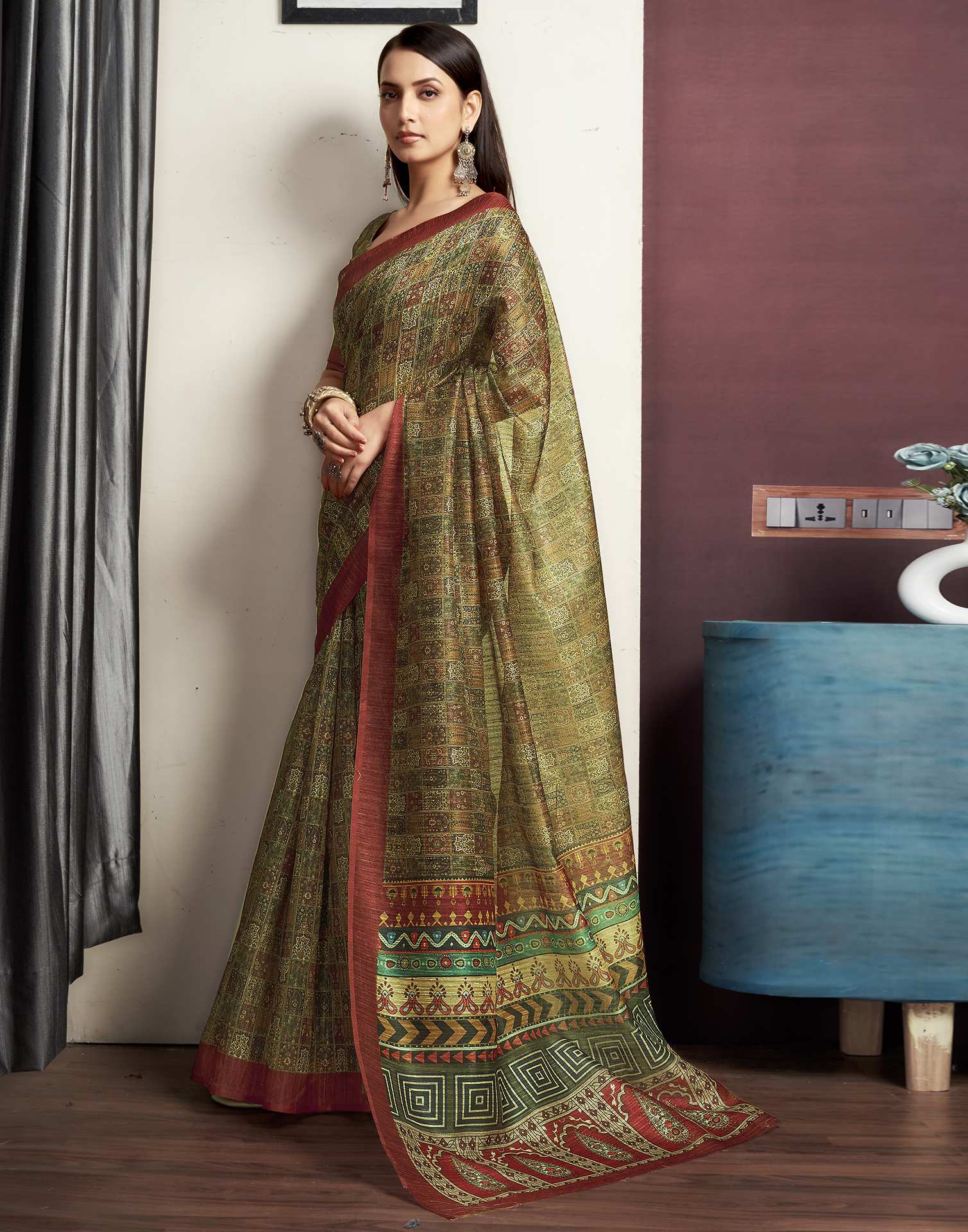 Olive Green Printed Cotton Blend Saree