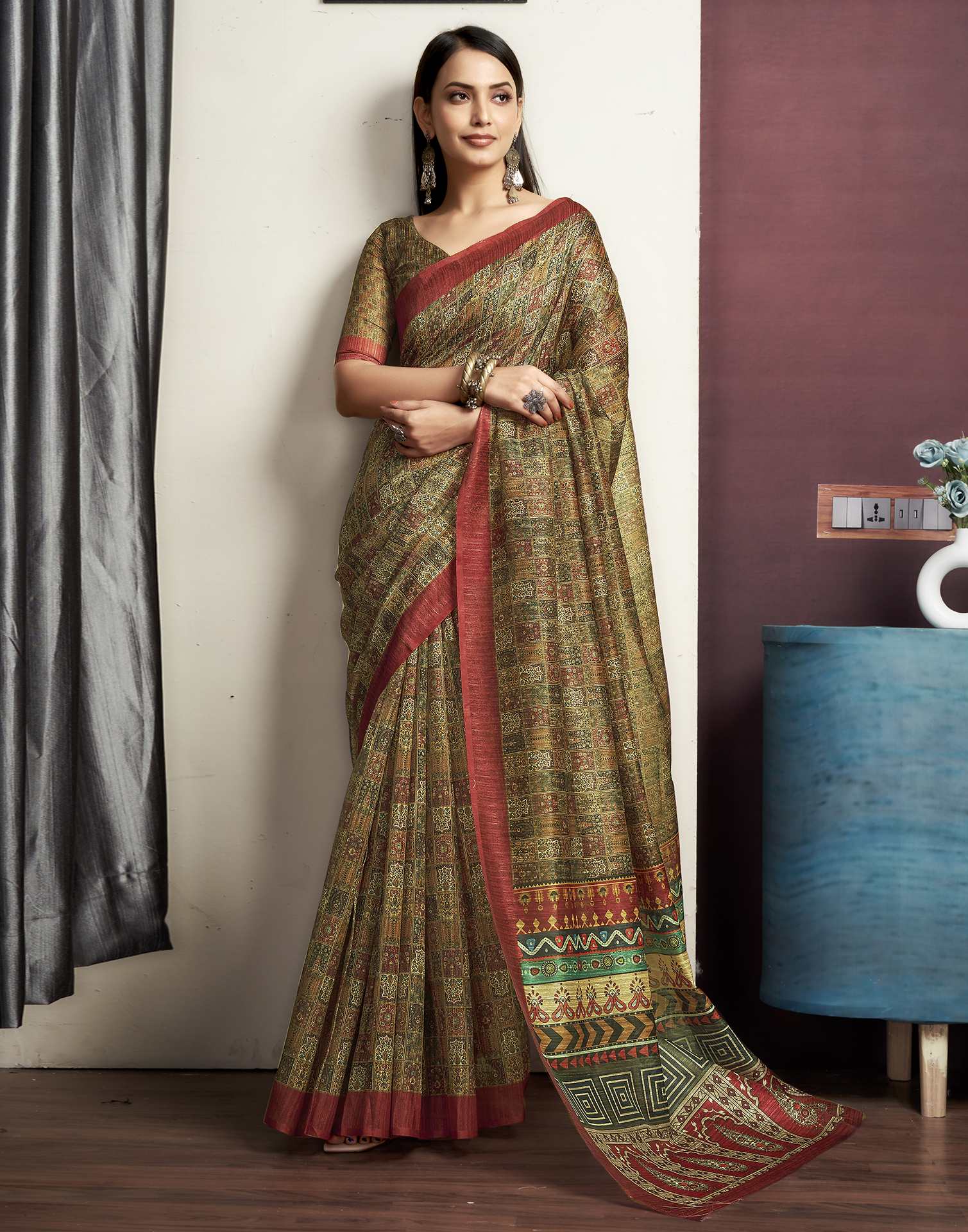 Olive Green Printed Cotton Blend Saree