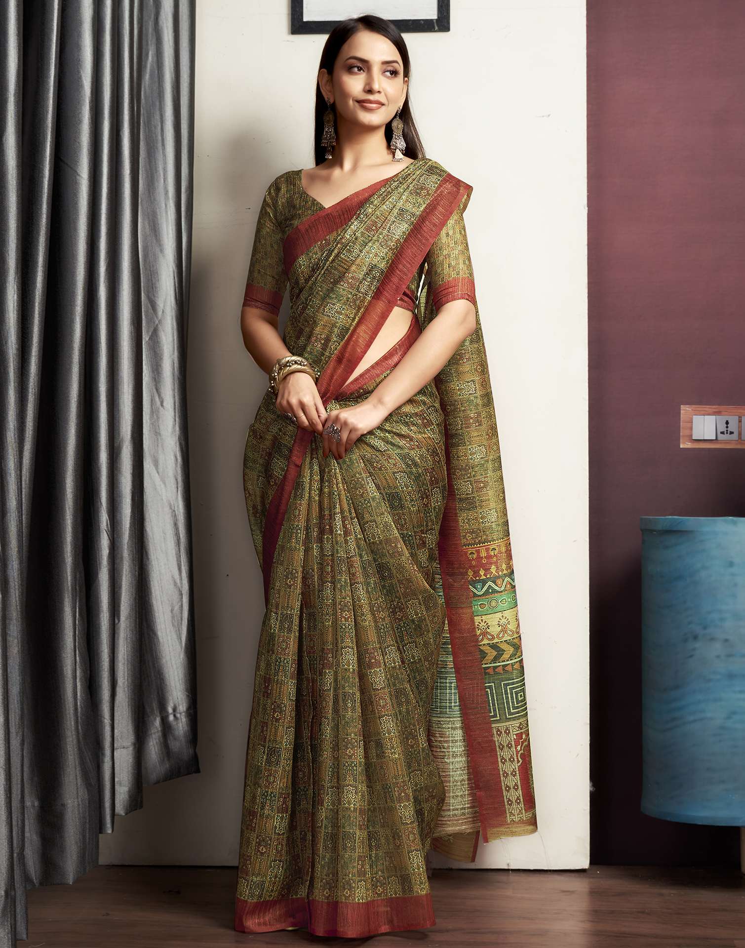 Olive Green Printed Cotton Blend Saree