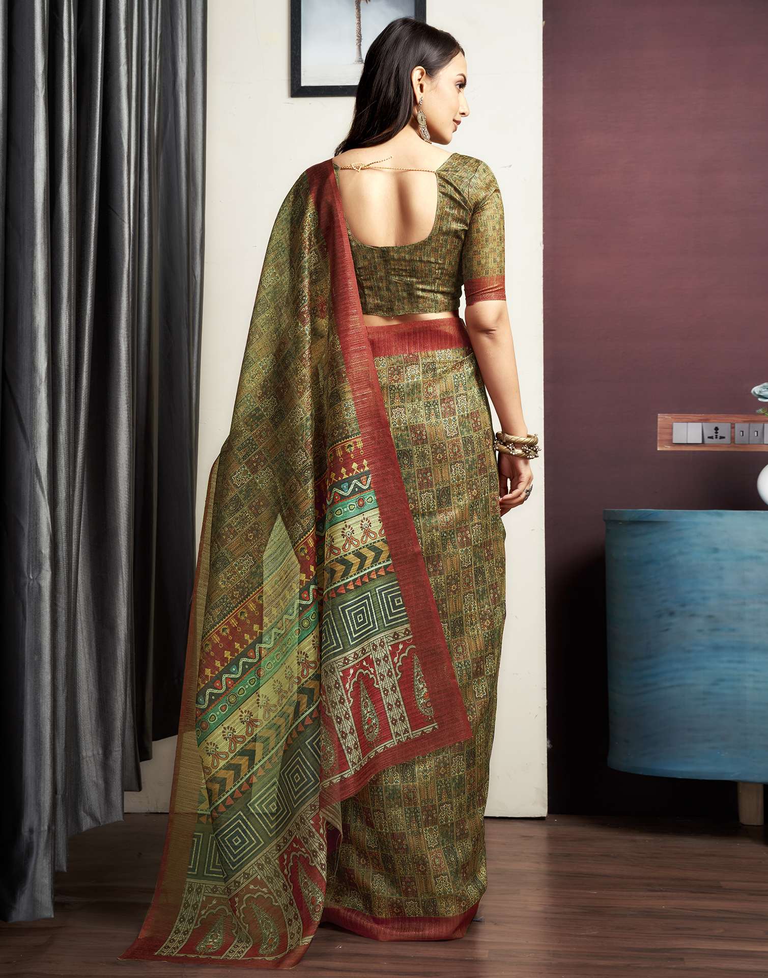 Olive Green Printed Cotton Blend Saree