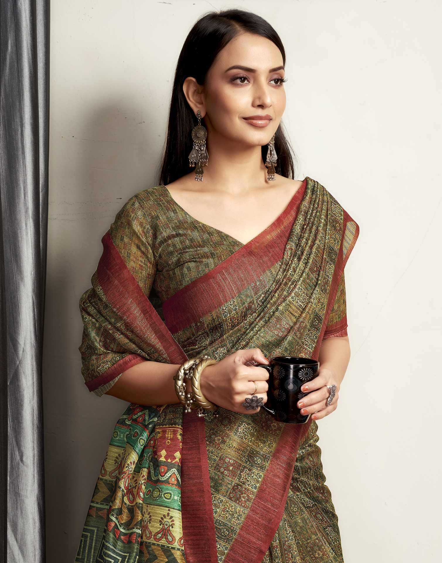Olive Green Printed Cotton Blend Saree