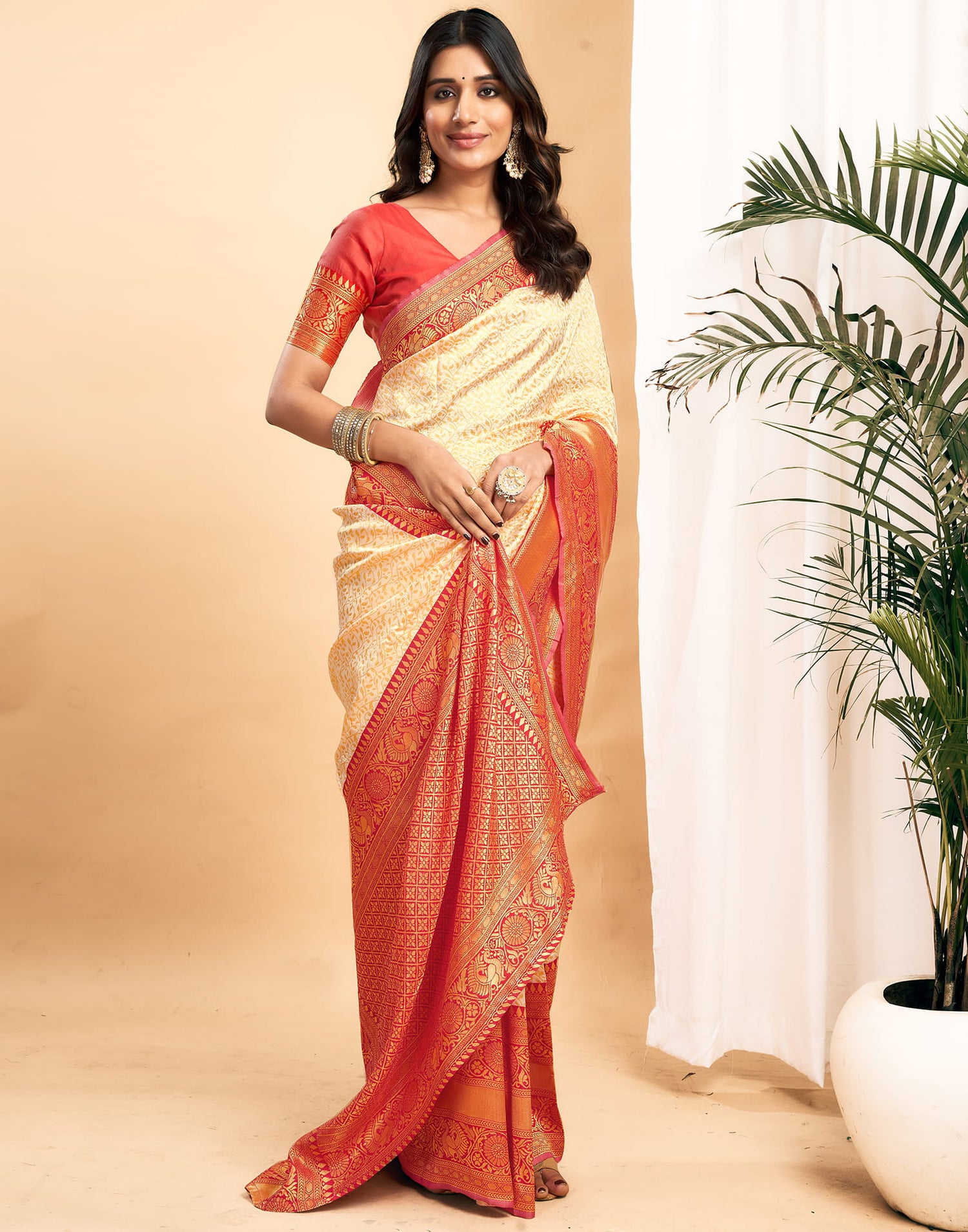 Cream Silk Blend Woven Kanjivaram Saree